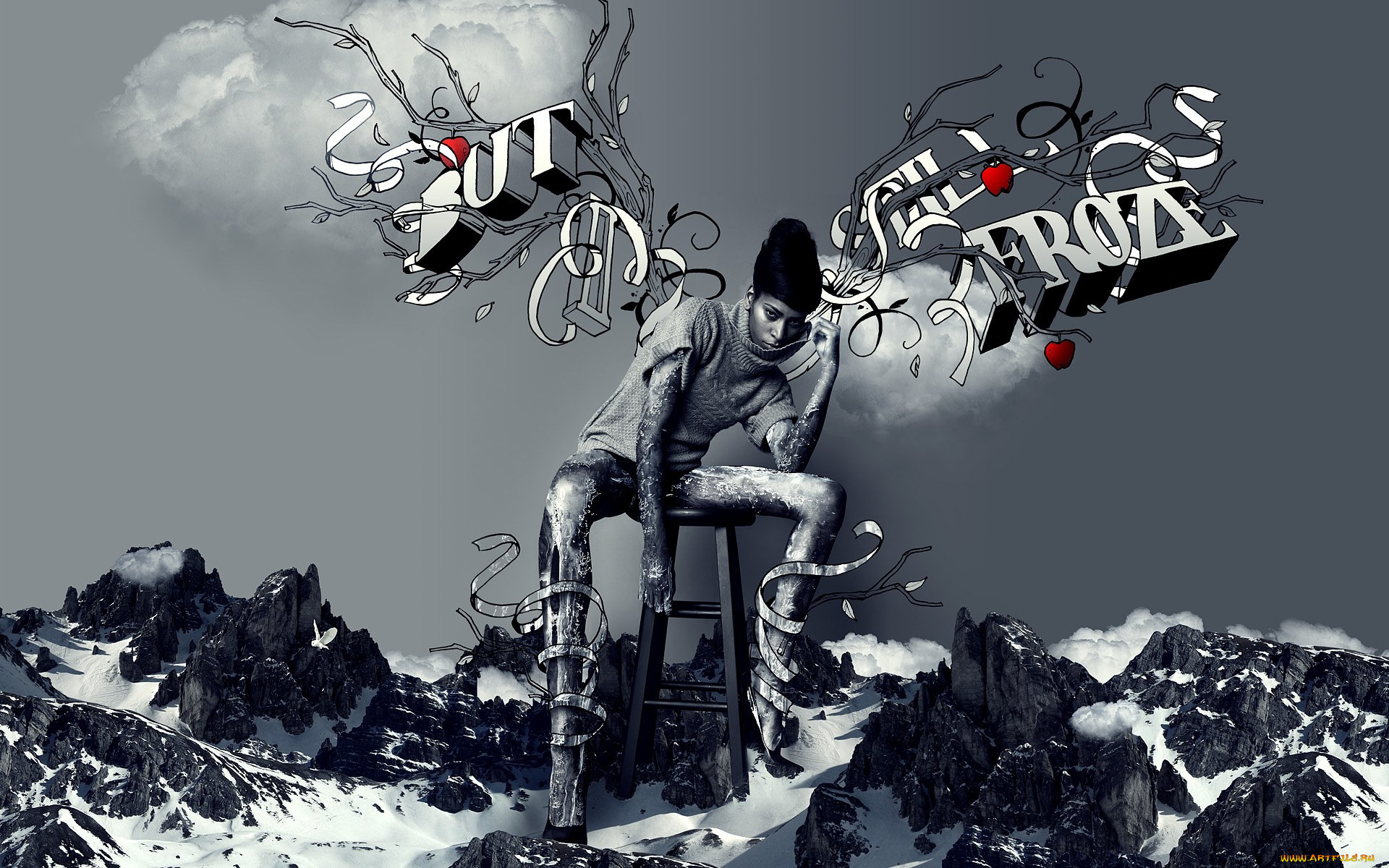 разное, компьютерный, дизайн, девушка, свитер, табурет, надпись, горы