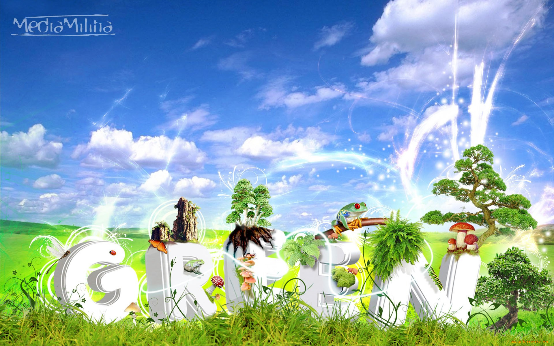 разное, компьютерный, дизайн, небо, облака, луга, буквы, растения, животные