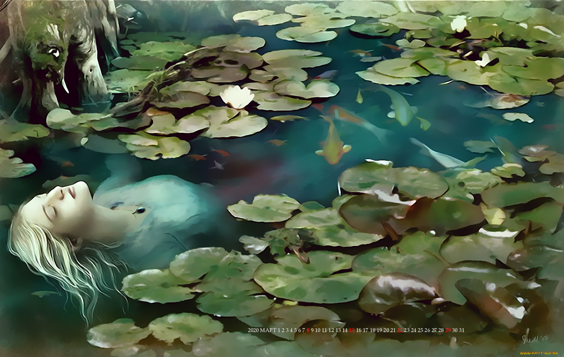 календари, фэнтези, рыба, водоем, девушка, 2020, calendar, вода, растение