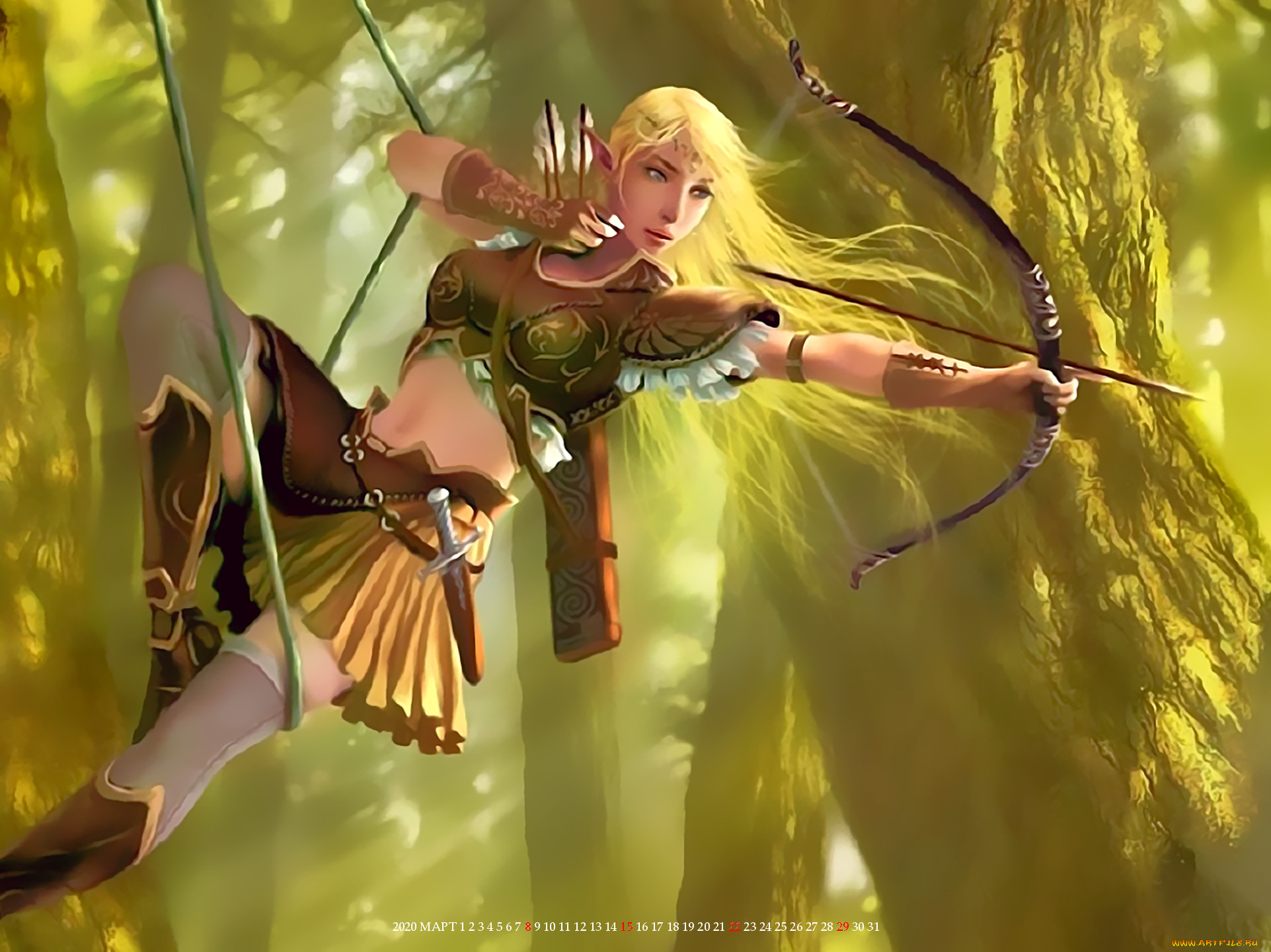 календари, фэнтези, эльф, девушка, лук, оружие, прицел, calendar, 2020
