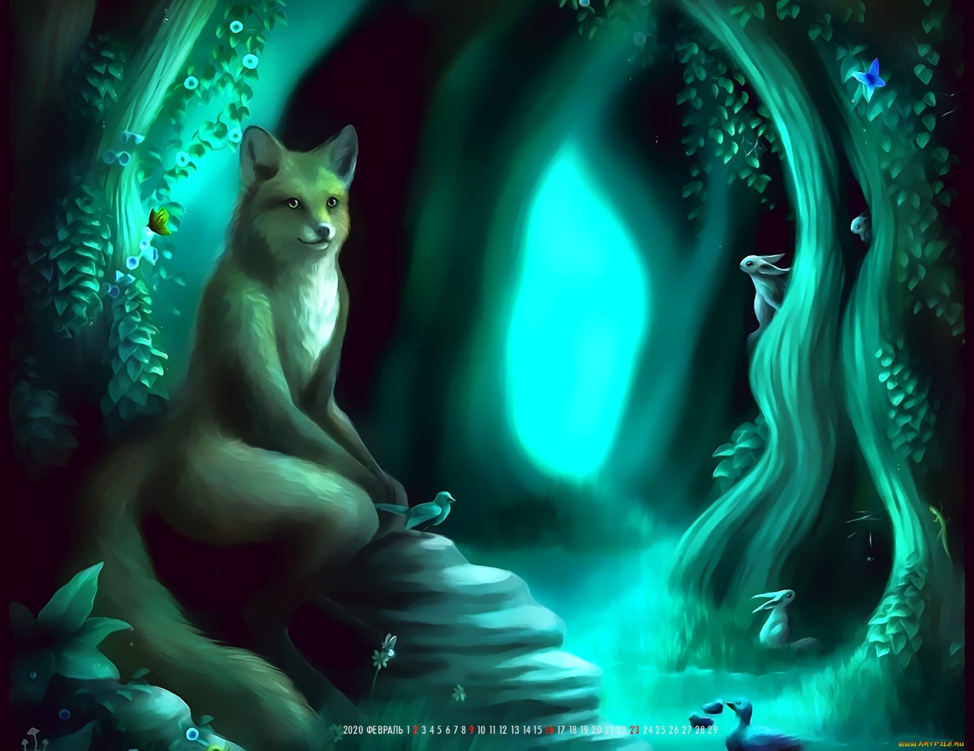 календари, рисованные, , векторная, графика, лиса, птица, животное, природа, растение, calendar, 2020