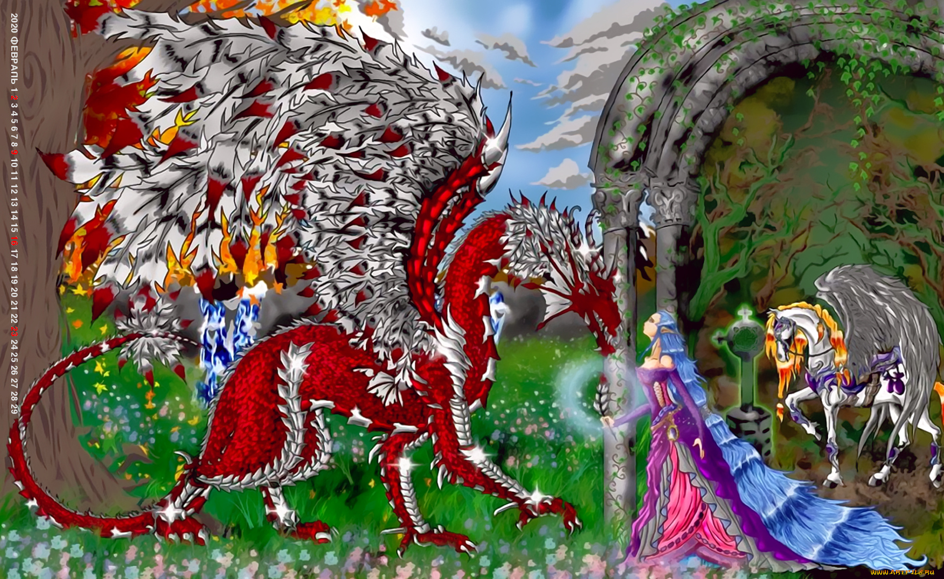 календари, фэнтези, дракон, крвсный, крылья, девушка, конь, лошадь, calendar, 2020