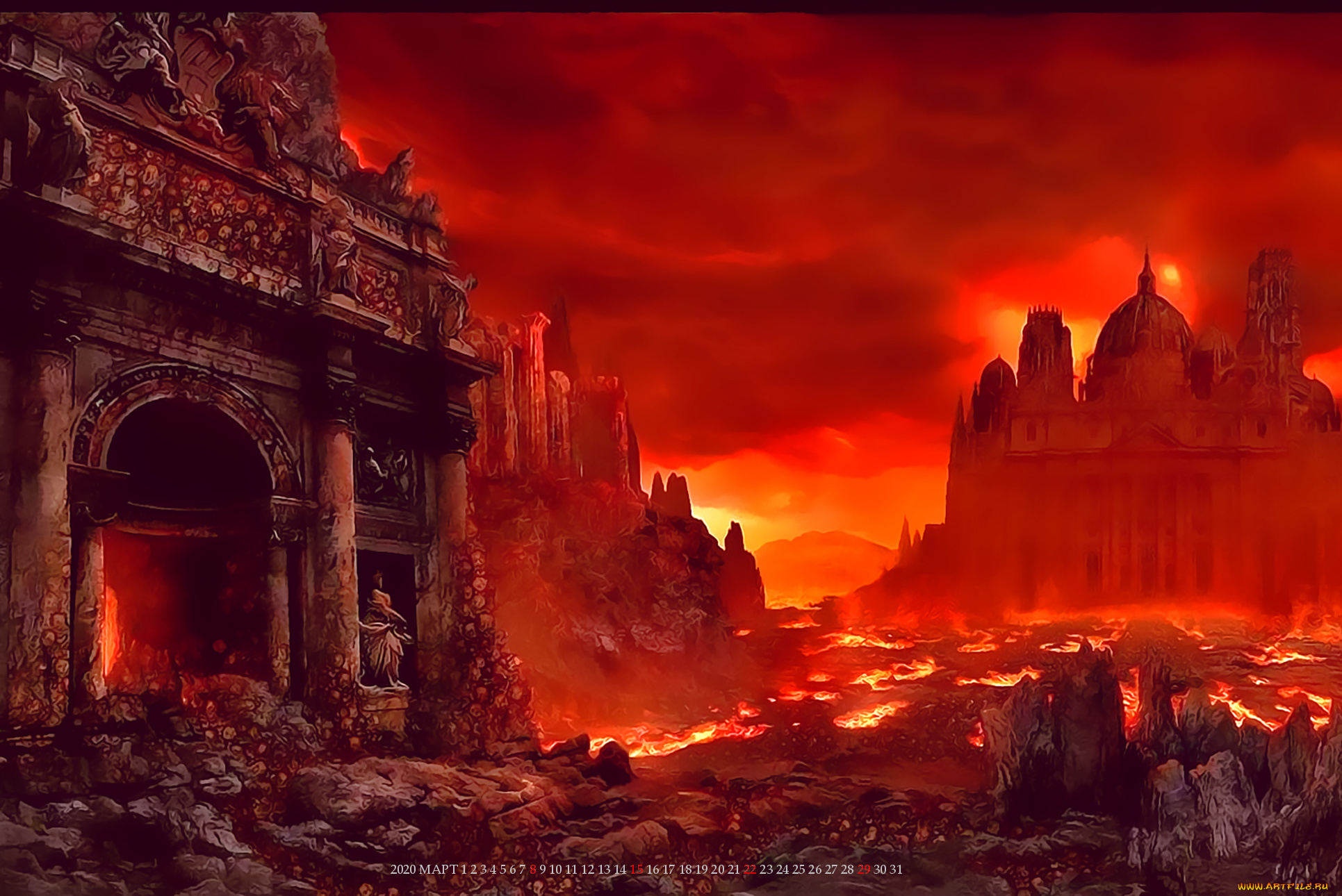 календари, фэнтези, лава, город, здание, архитектура, красный, calendar, 2020