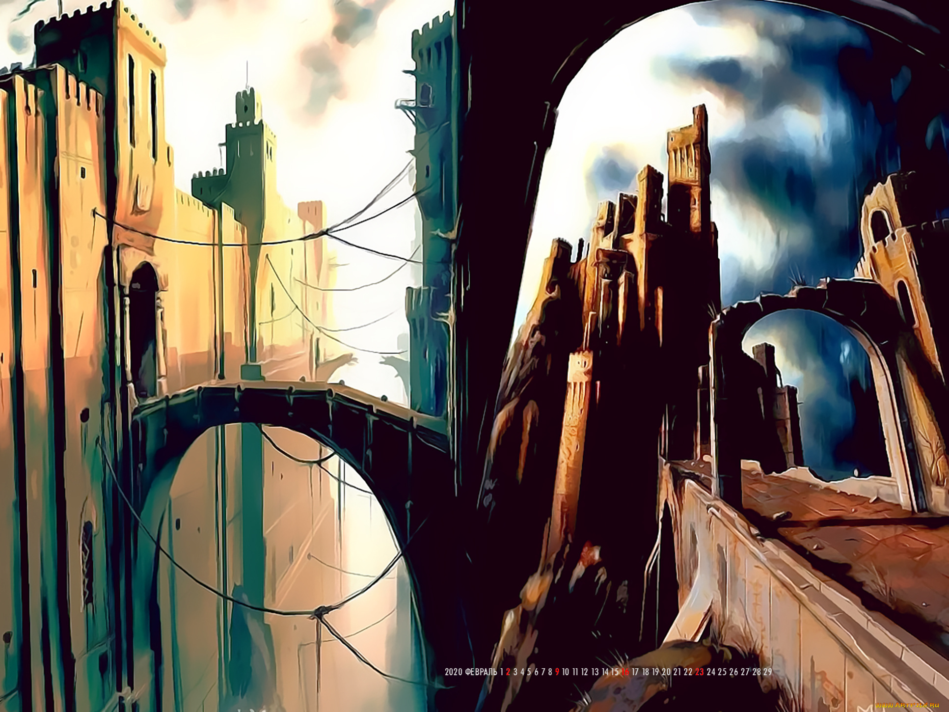 календари, фэнтези, мост, здание, архитектура, город, calendar, 2020