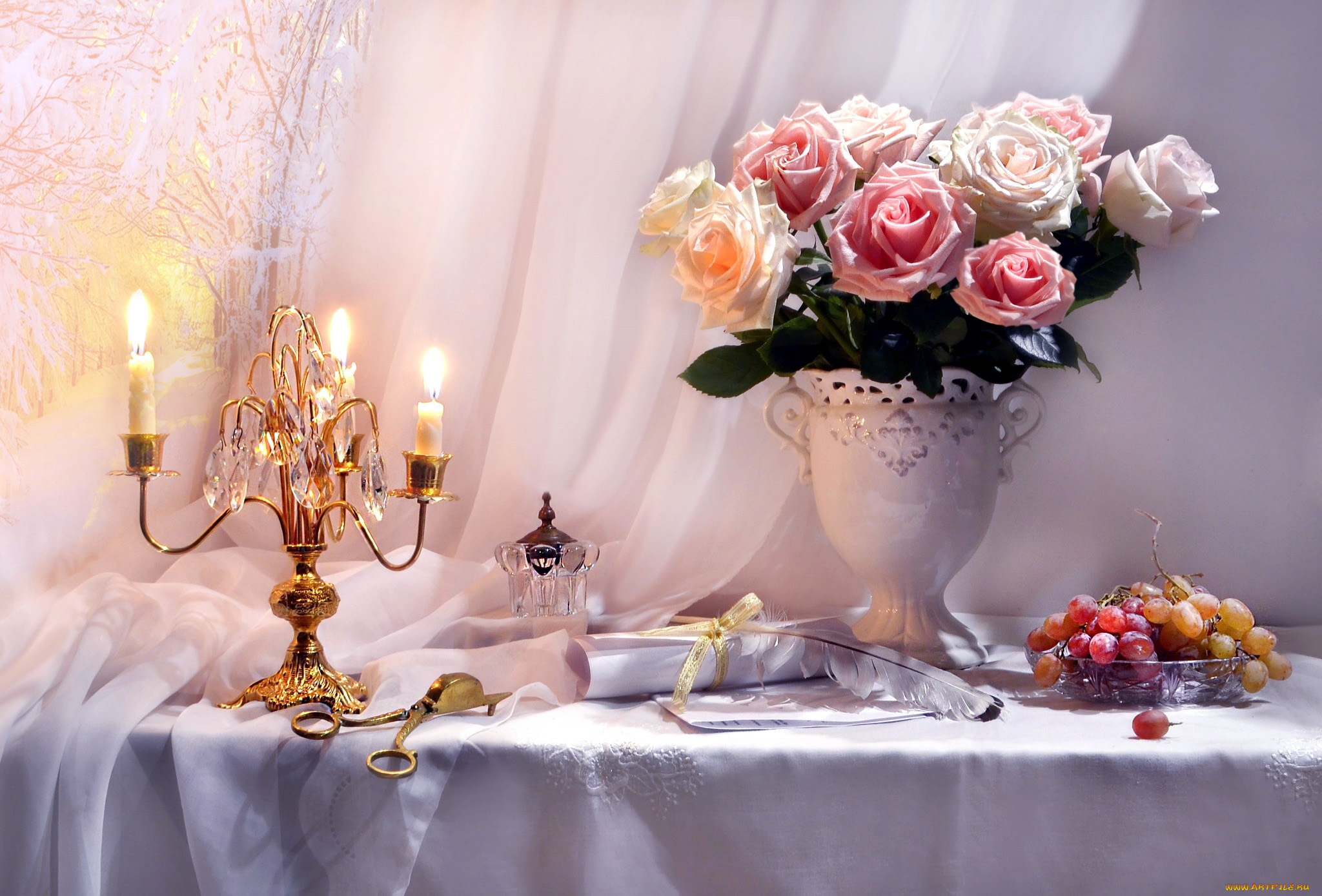 еда, натюрморт, виноград, свечи, розы