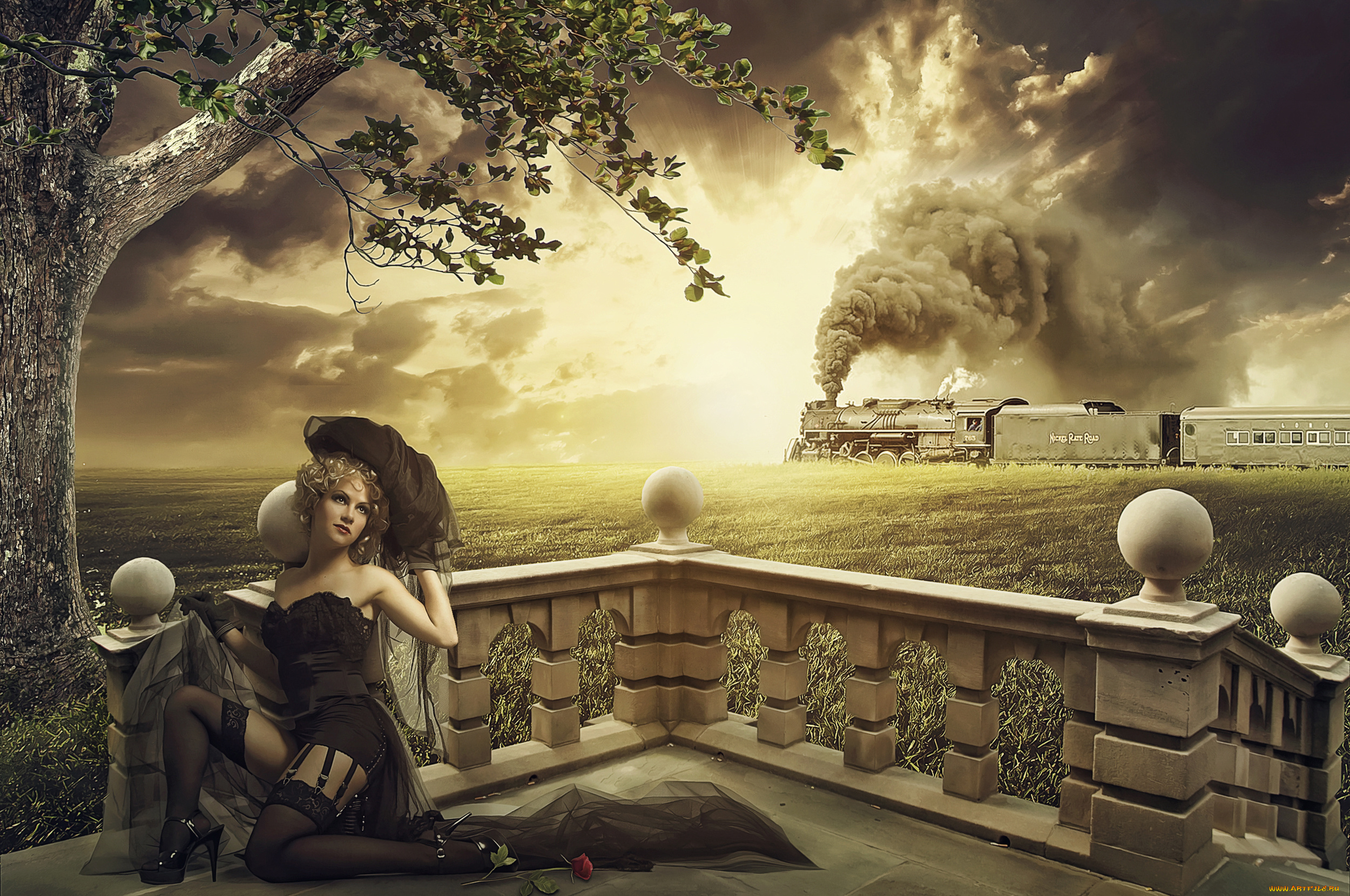 разное, компьютерный, дизайн, корсет, поезд, чулки, фон, вуаль, девушка