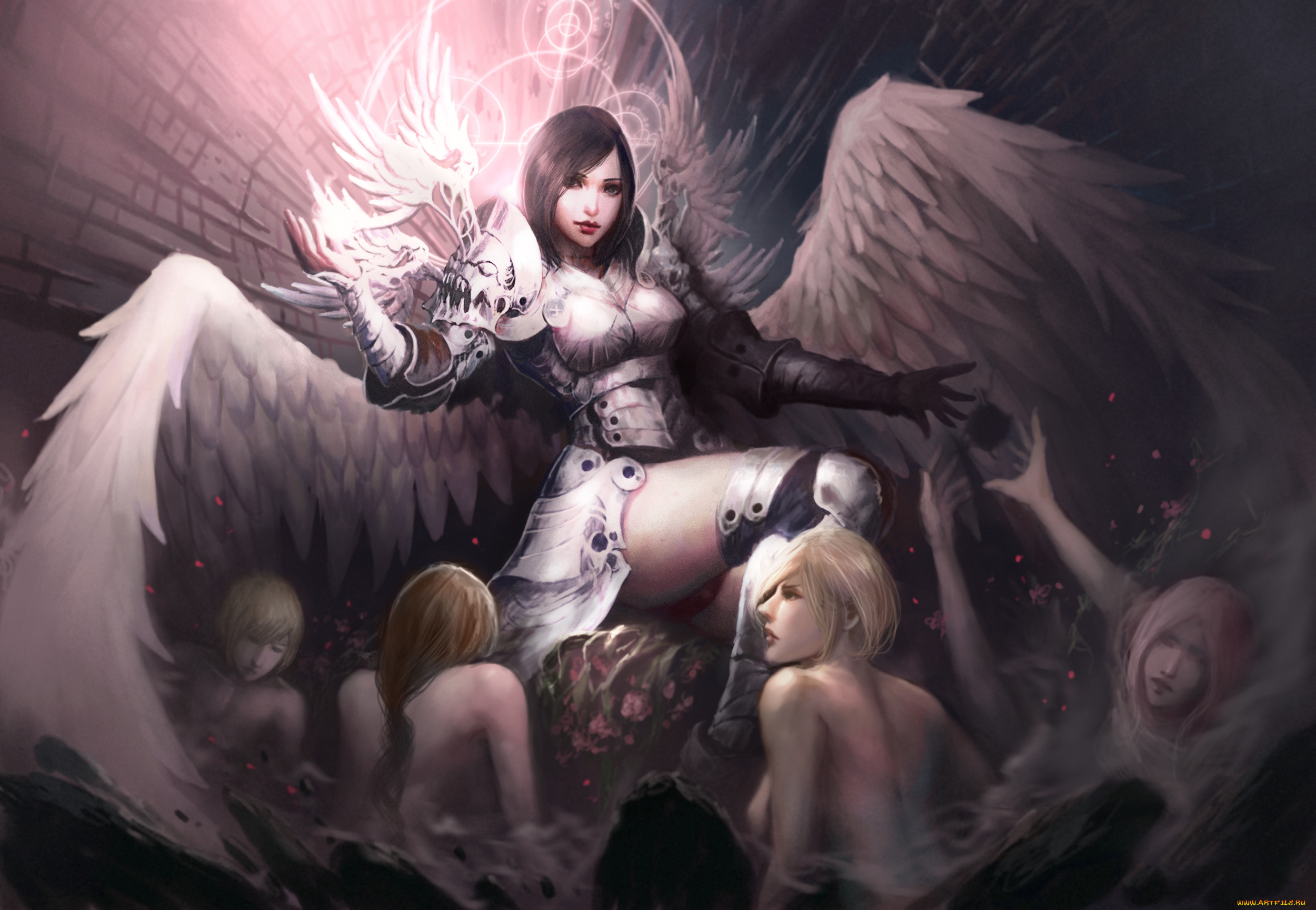 фэнтези, ангелы, латы, крылья, взгляд, фон, девушка