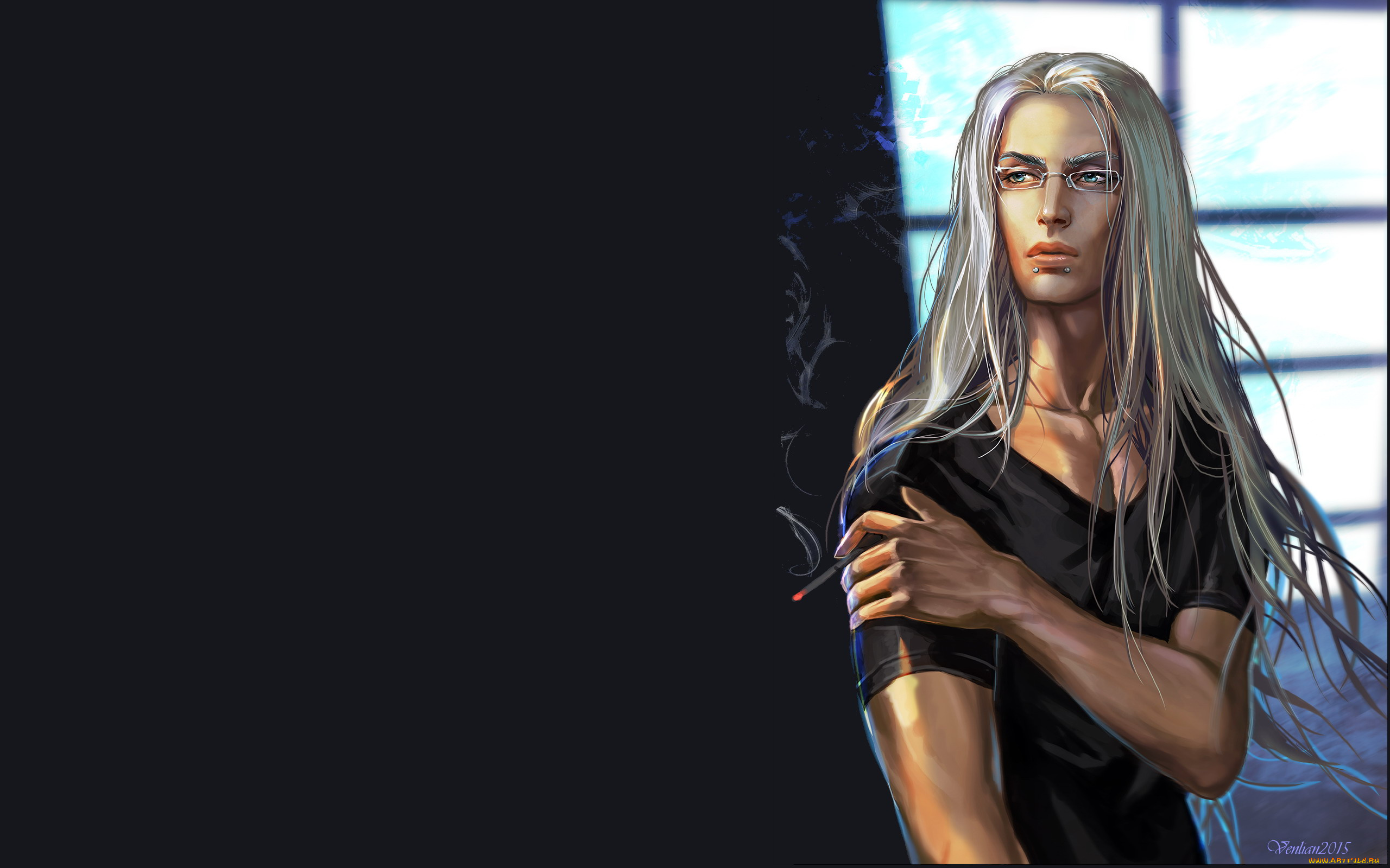 рисованное, люди, дым, сигарета, пирсинг, очки, блондин, парень