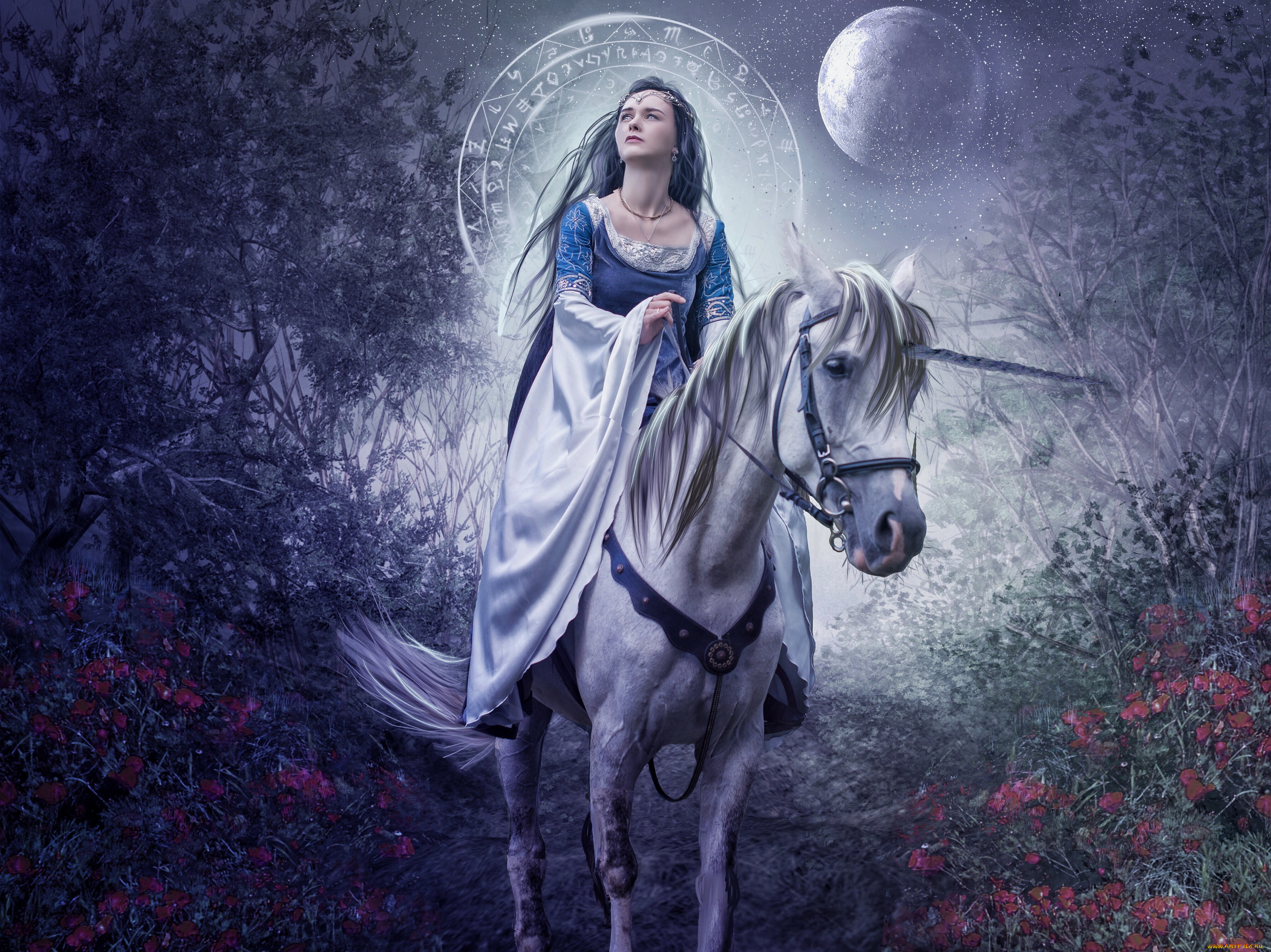 фэнтези, фотоарт, конь, платье, фон, девушка