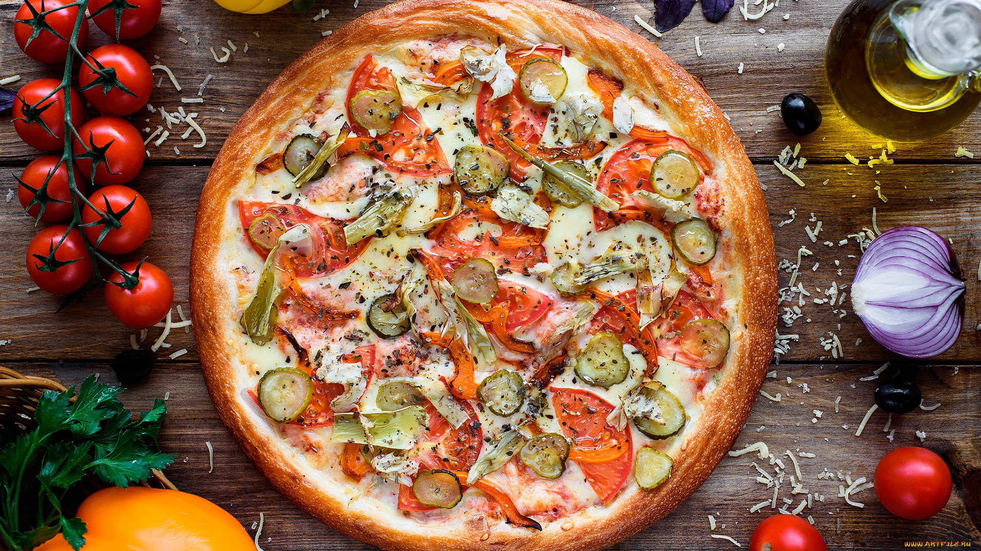 еда, пицца, помидоры, маслины