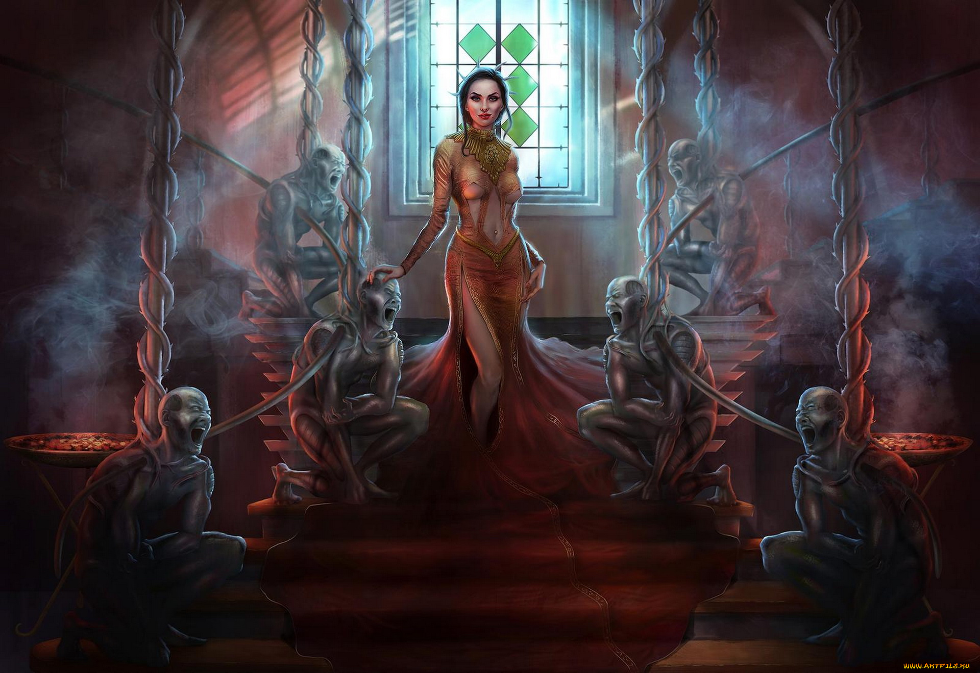 фэнтези, красавицы, и, чудовища, девушка, фон, взгляд, платье, лестница, скульптура