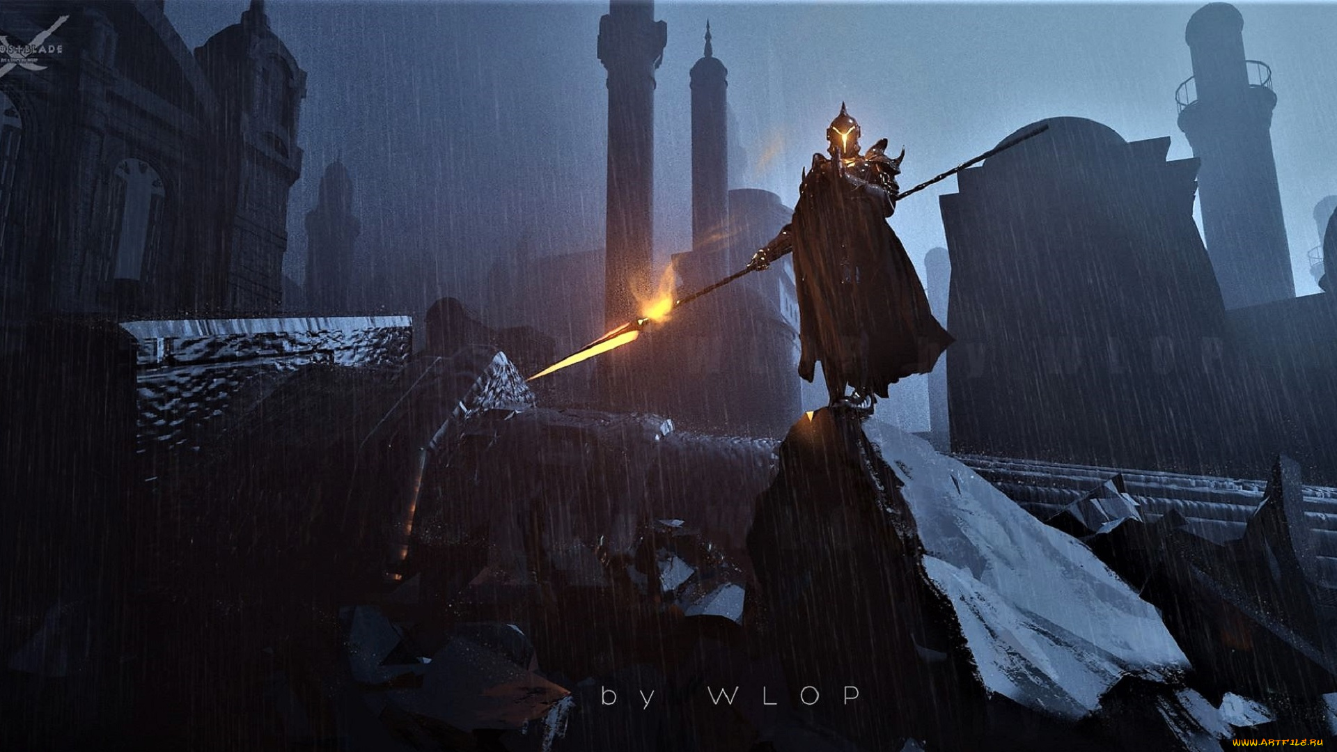 фэнтези, _ghost, blade, , , призрачный, клинок, воин, копье, дождь, колонна, город