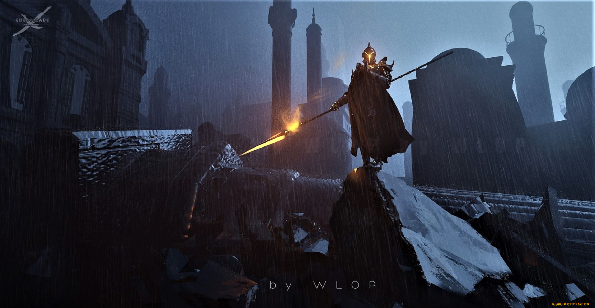 фэнтези, _ghost, blade, , , призрачный, клинок, воин, копье, дождь, колонна, город