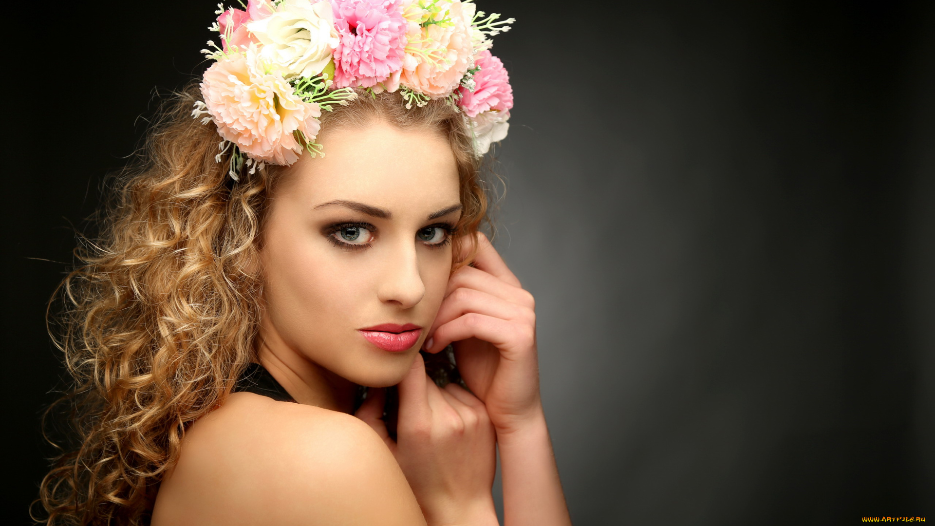 девушки, -, лица, , портреты, блондинка, локоны, венок