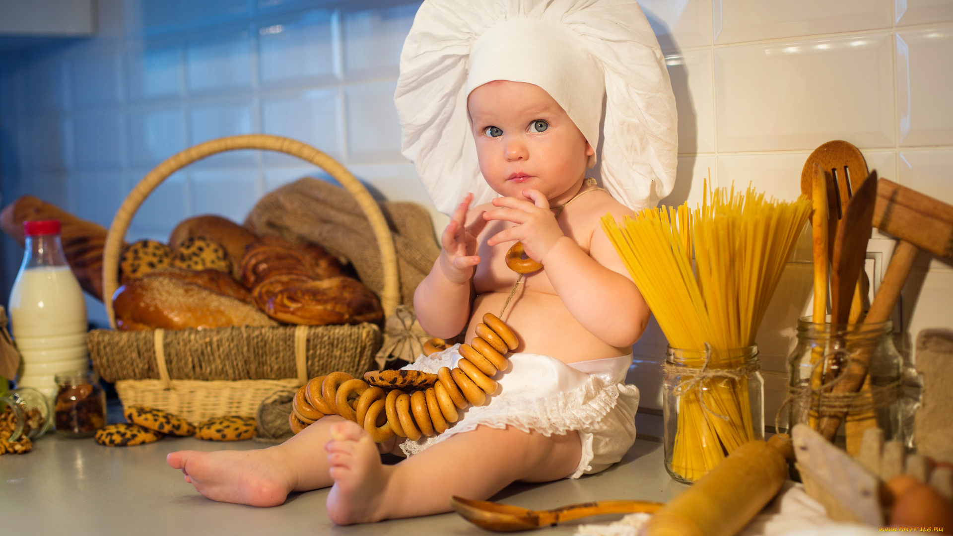 разное, дети, ребенок, колпак, бублики, выпечка