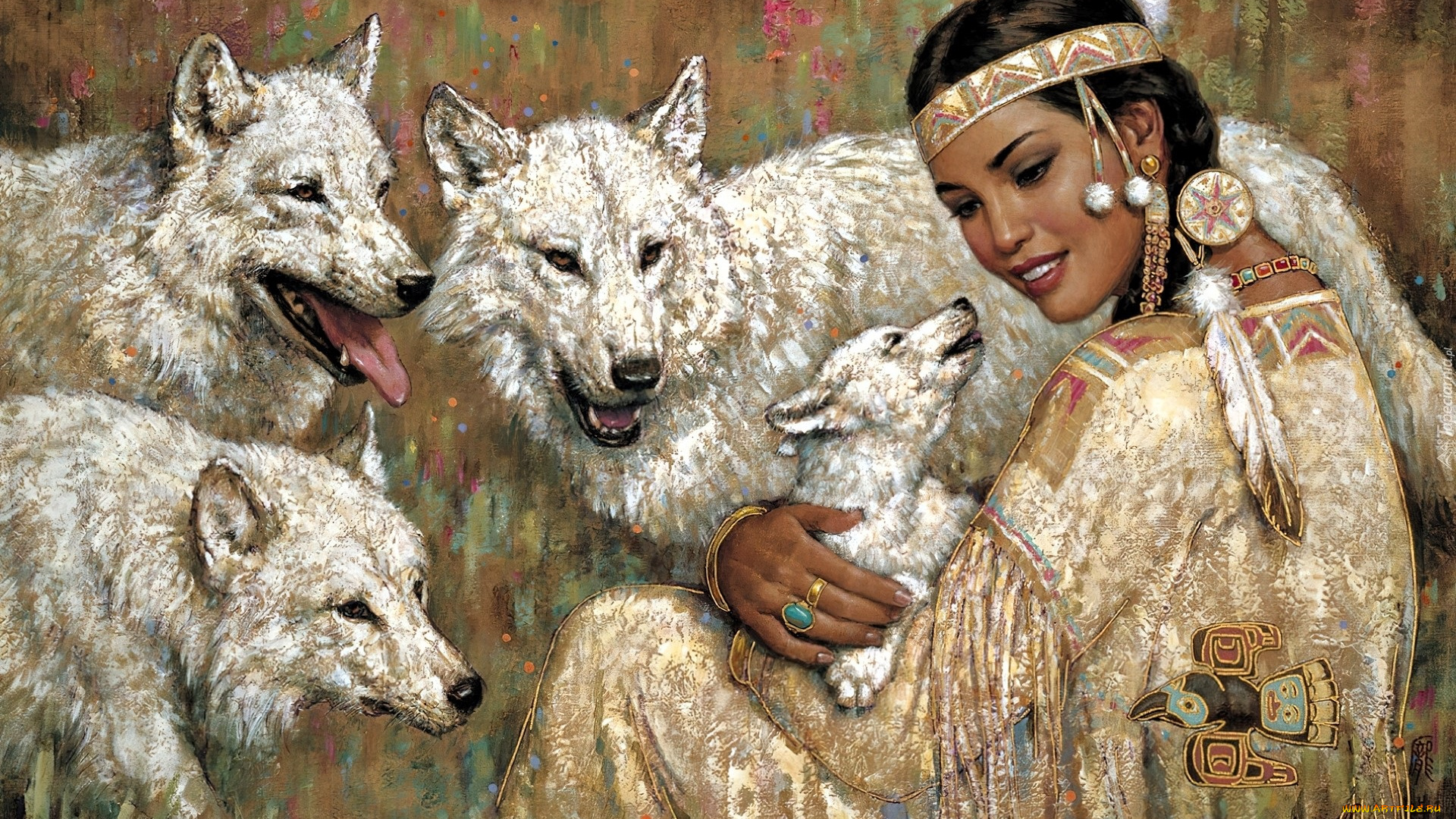 рисованное, люди, девушка, индианка, волки, волчонок