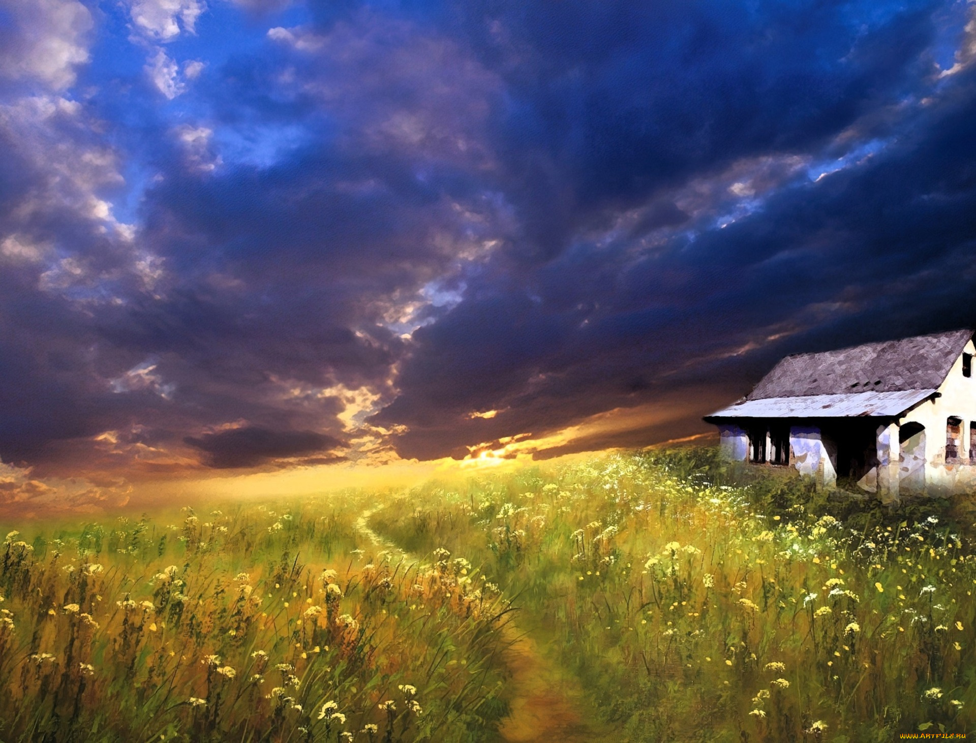 рисованное, природа, дом, тучи, луга, тропа