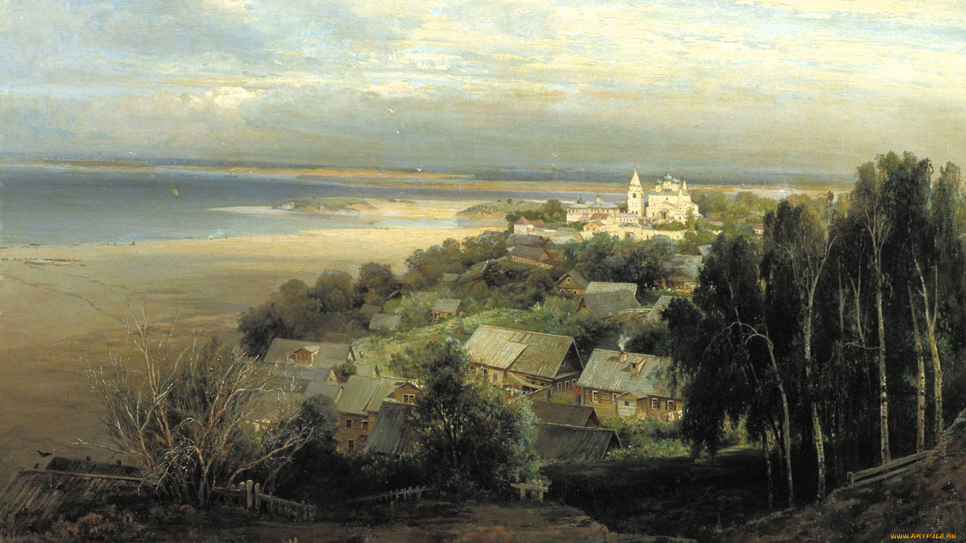 алексей, саврасов, рисованное, озеро, дома, деревья, деревня, церковь