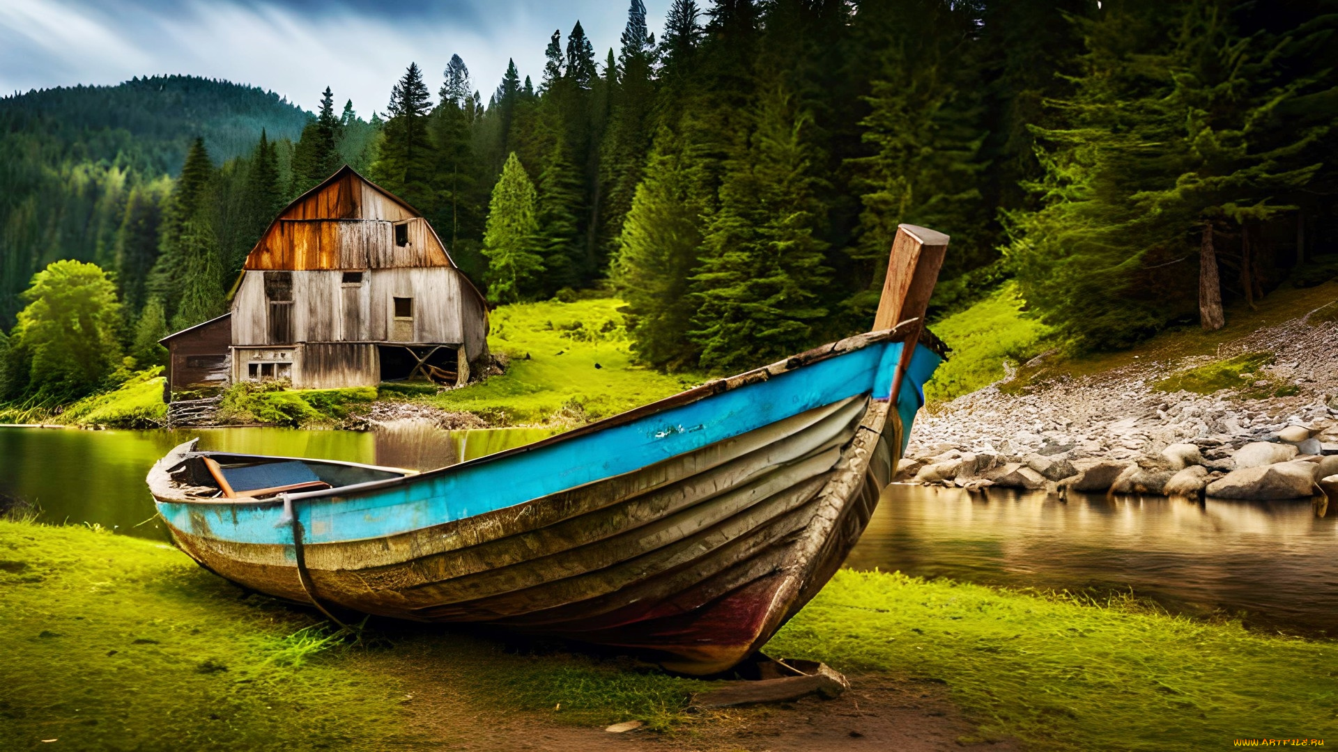 корабли, лодки, , шлюпки, лес, река, лодка, строение