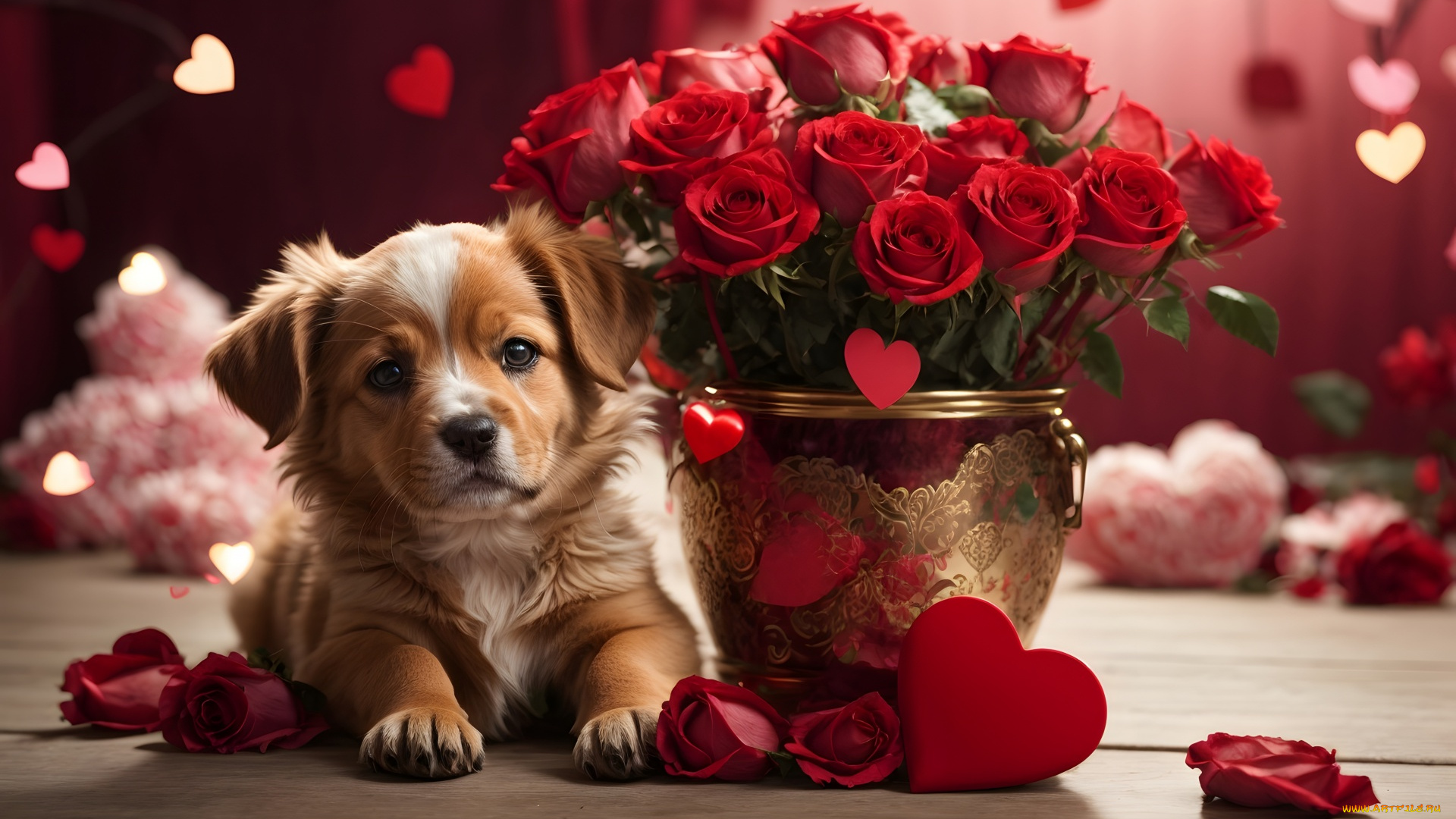 праздничные, день, святого, валентина, , сердечки, , любовь, розы, сердечки, щенок