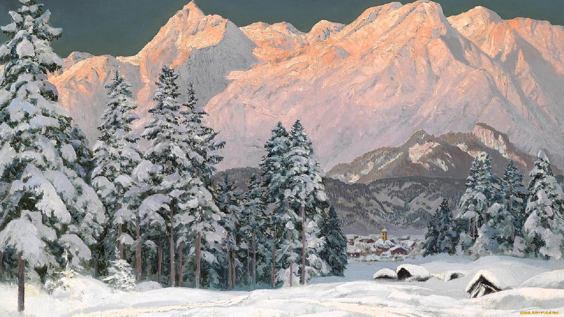 рисованное, alois, arnegger, горы, снег, зима, деревья, лес, деревня