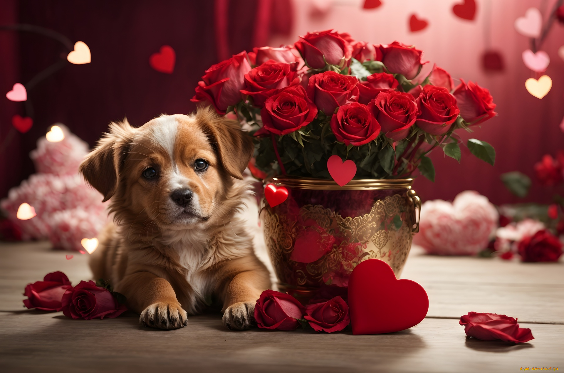 праздничные, день, святого, валентина, , сердечки, , любовь, розы, сердечки, щенок
