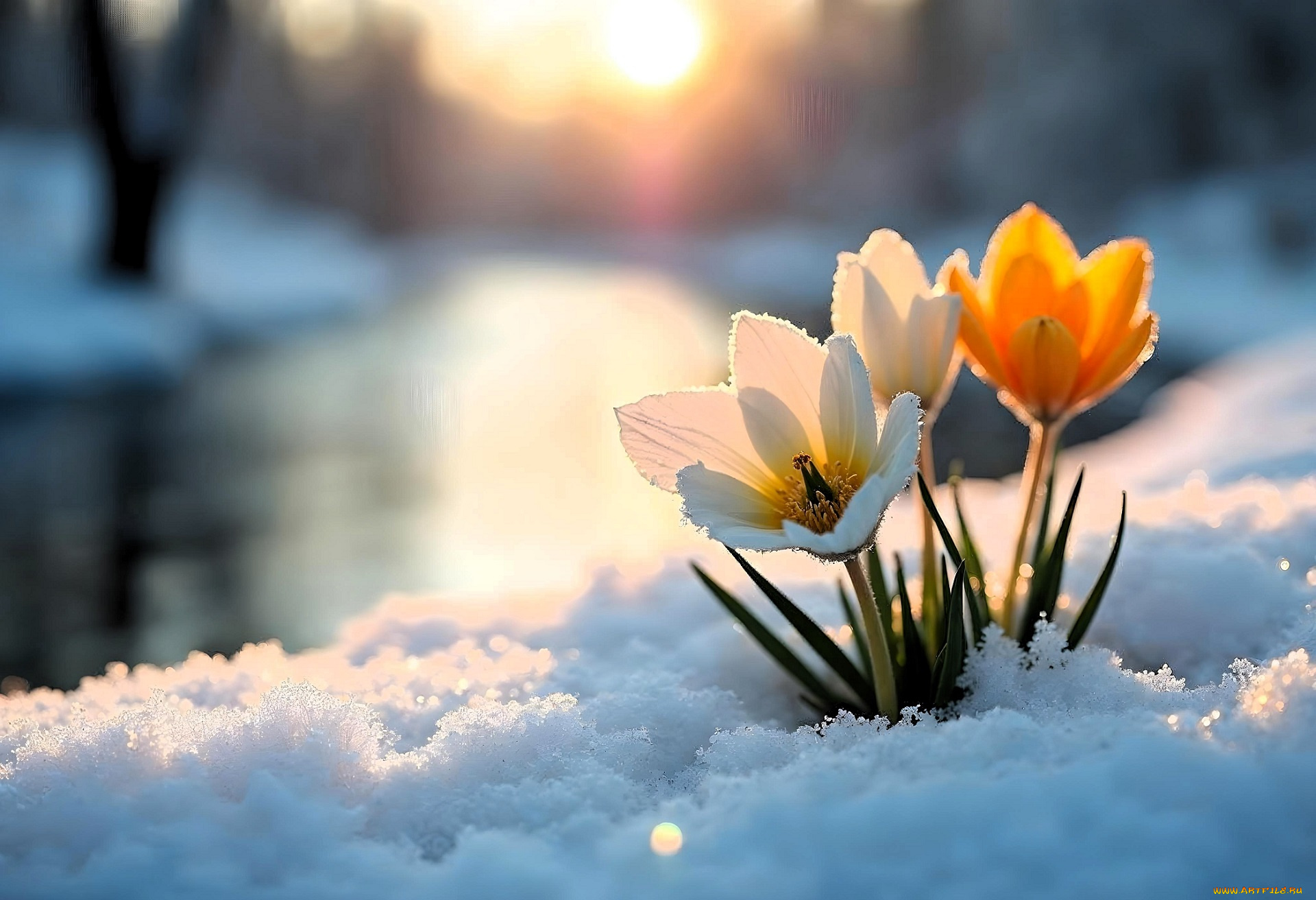3д, графика, цветы, , flowers, крокусы, цветы, снег, река