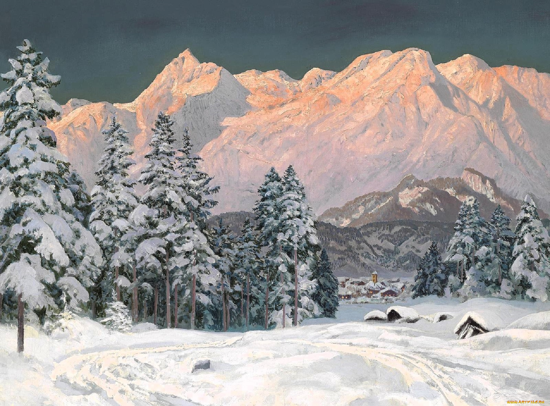 рисованное, alois, arnegger, горы, снег, зима, деревья, лес, деревня