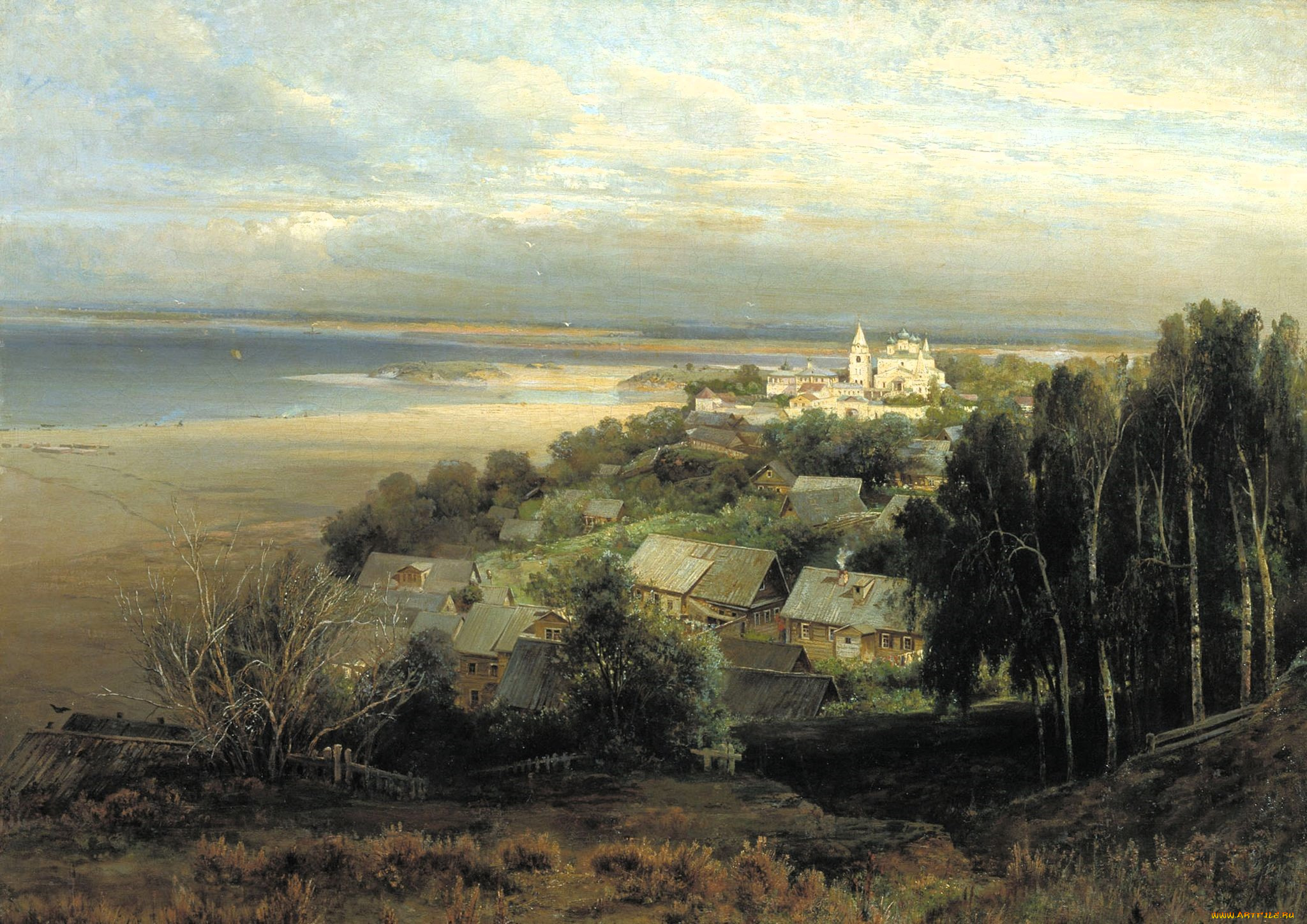 алексей, саврасов, рисованное, озеро, дома, деревья, деревня, церковь