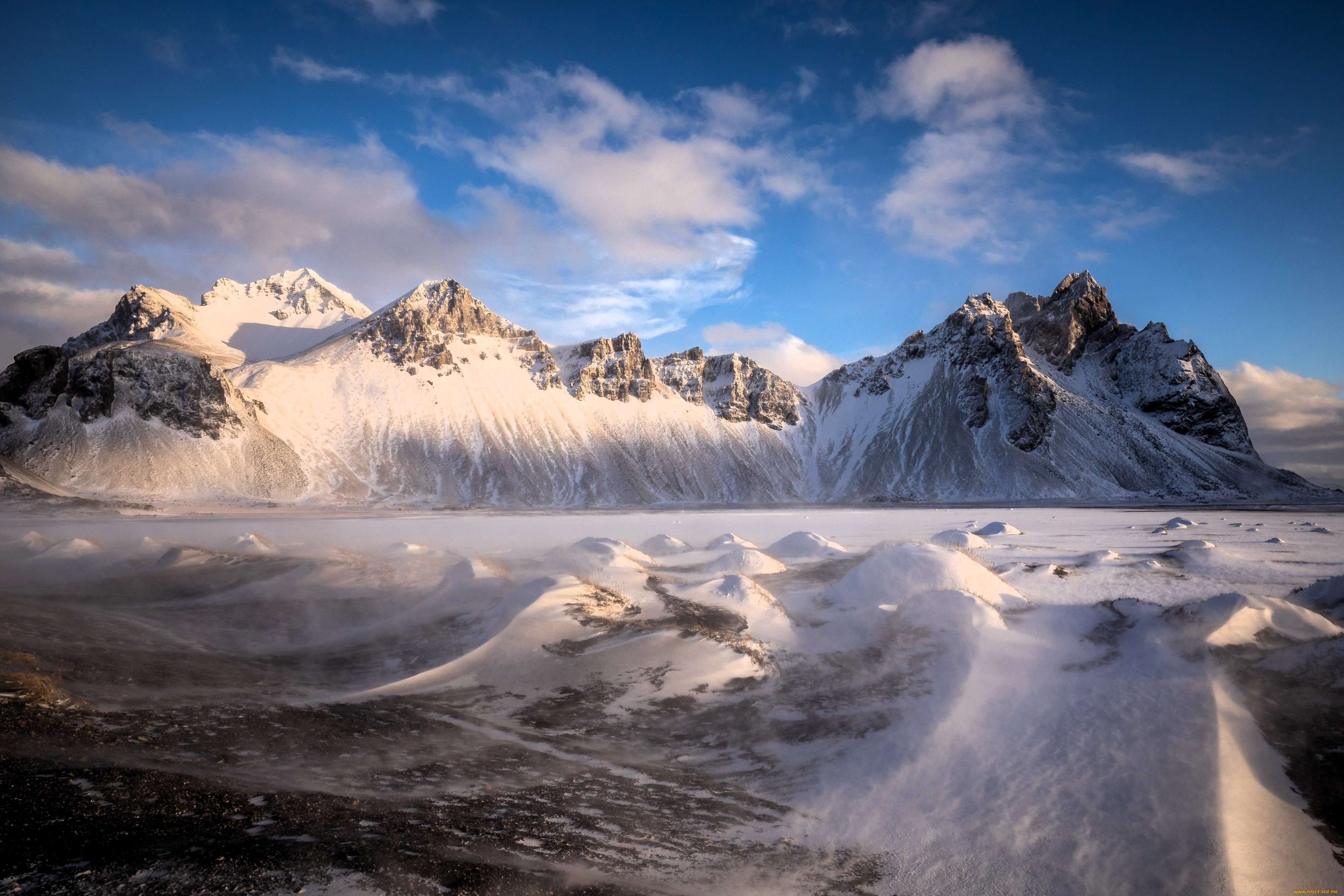 природа, горы, исландия, лед, снег, небо, облака