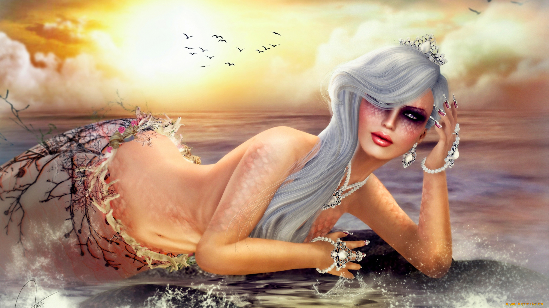 3д, графика, creatures, , существа, русалка, камень, море