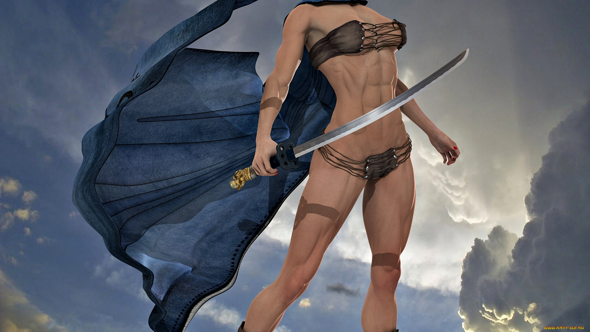 3д, графика, fantasy, , фантазия, девушка, меч, облака