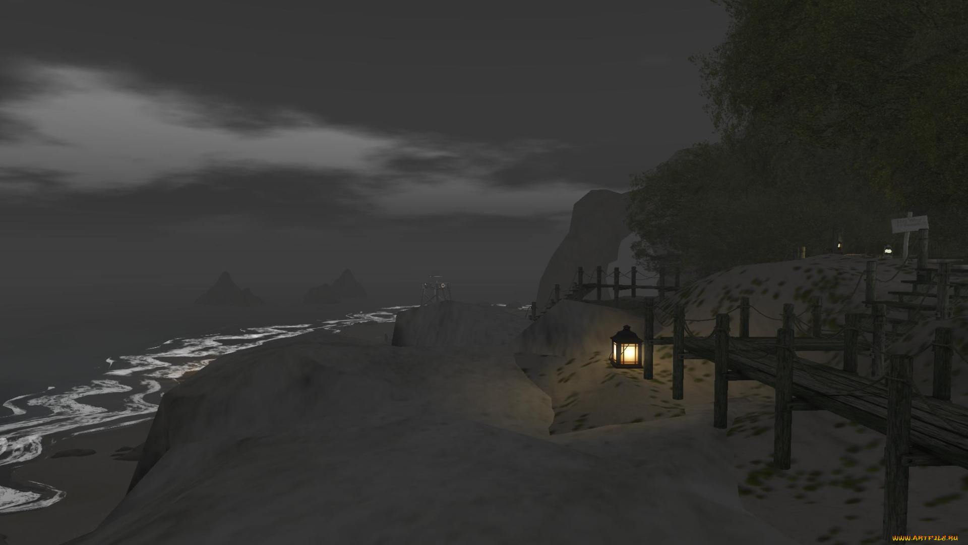 3д, графика, nature, landscape, , природа, облака, фонарь, пена, море, ночь