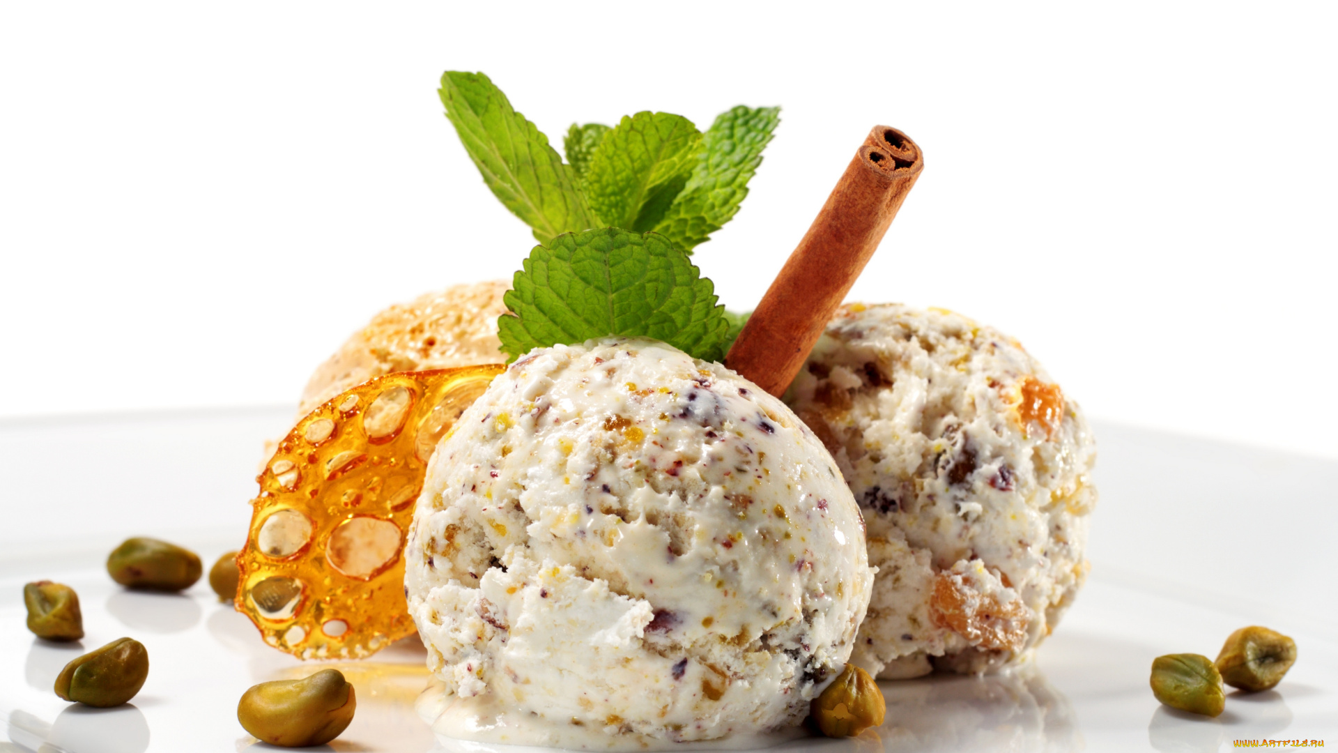еда, мороженое, , десерты, десерт, сладкое, листья, мяты, орехи, корица