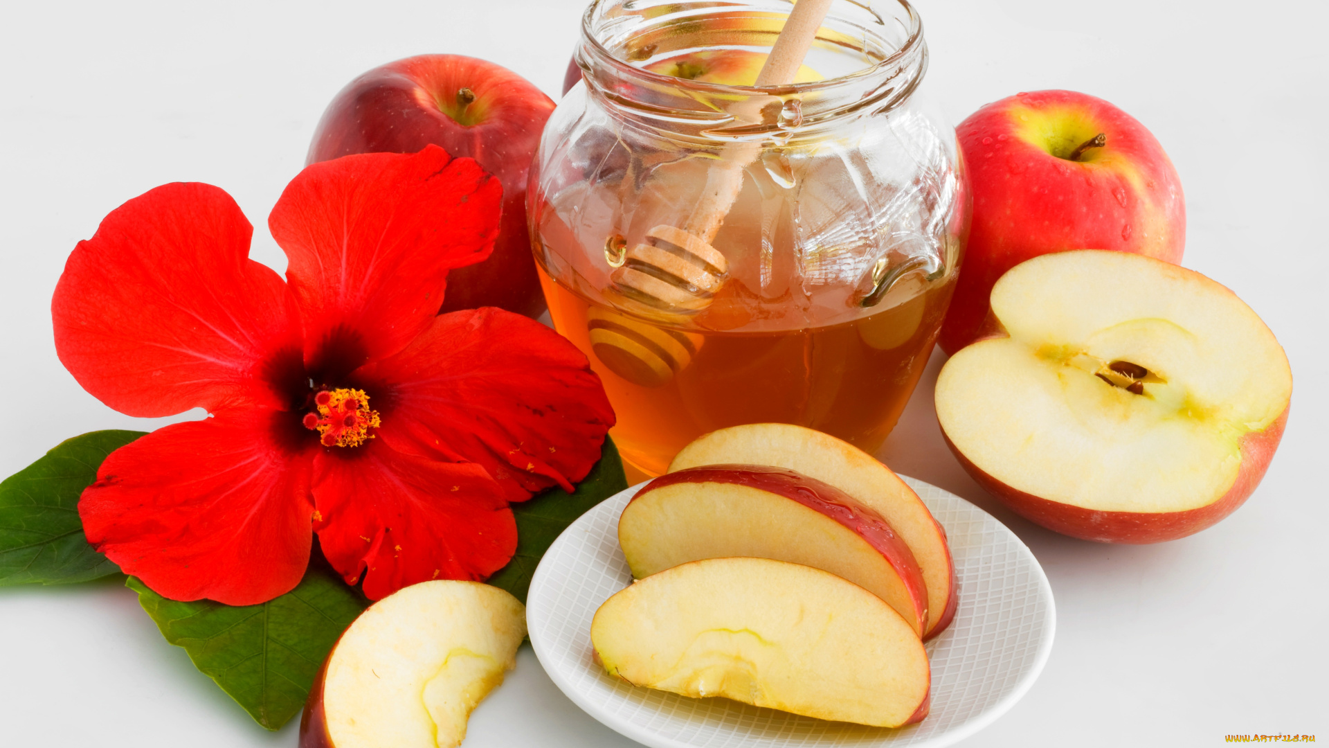 еда, мёд, , варенье, , повидло, , джем, белый, фон, яблоки, дольки, яблок, баночка, мед, цветок
