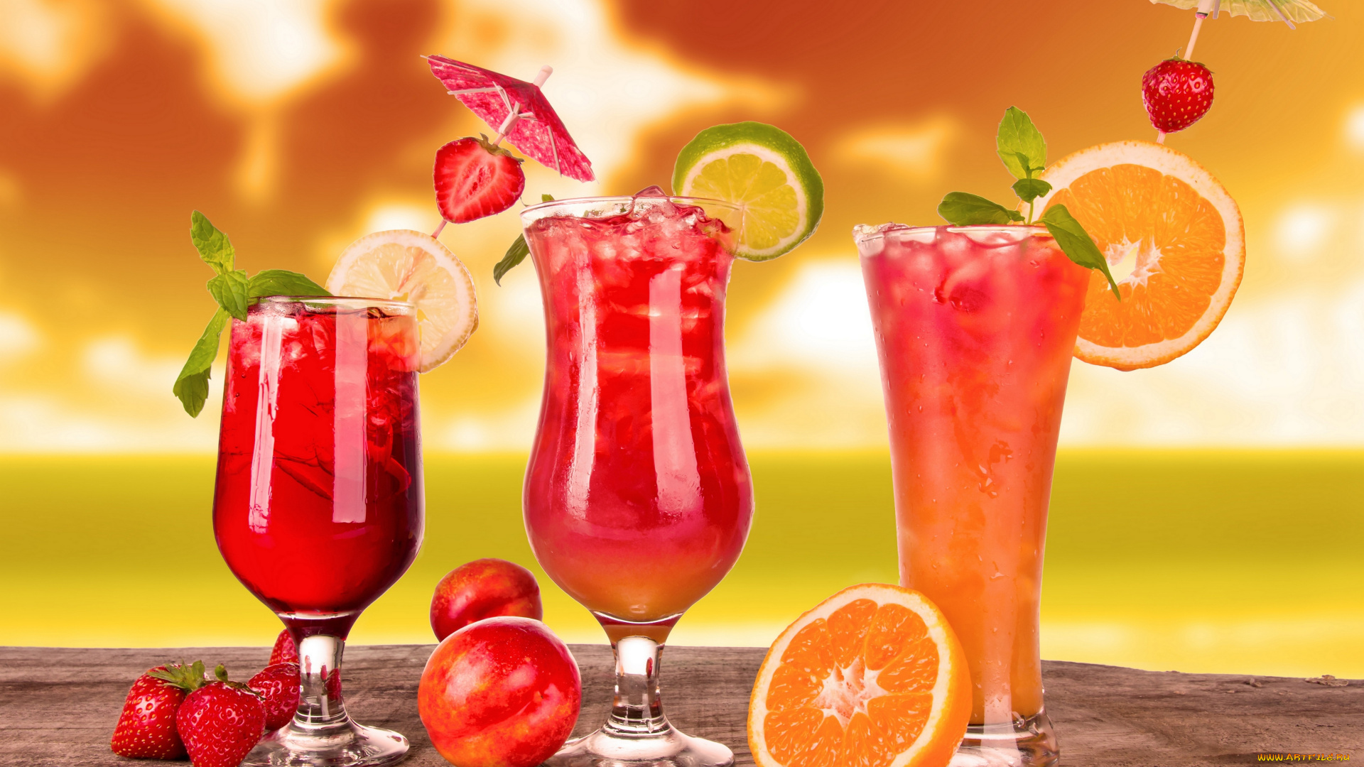 еда, напитки, , коктейль, клубника, персик, апельсин, дольки, коктейль