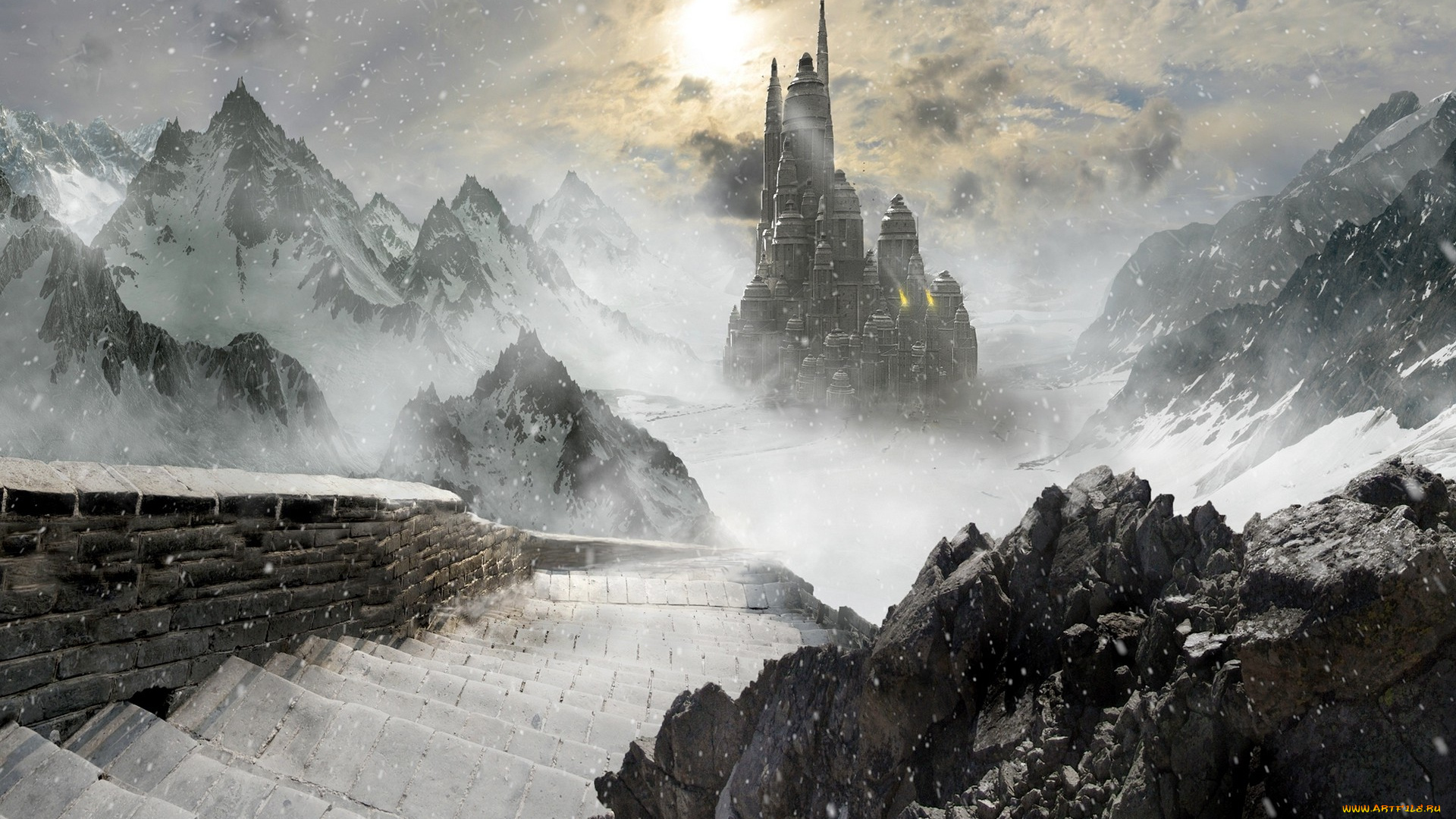 фэнтези, замки, арт, горы, зима, замок