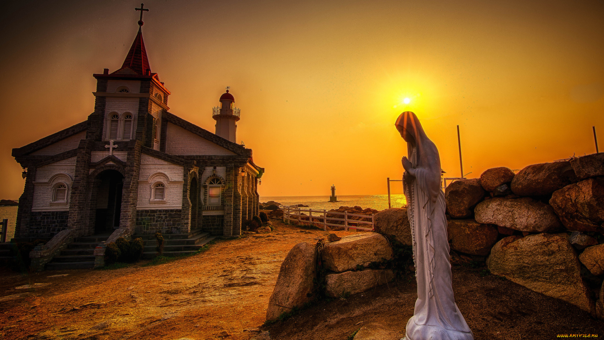 jukseongri, cathedral, , busan, , south, korea, города, -, католические, соборы, , костелы, , аббатства, солнце, горизонт, статуя, церковь, побережье