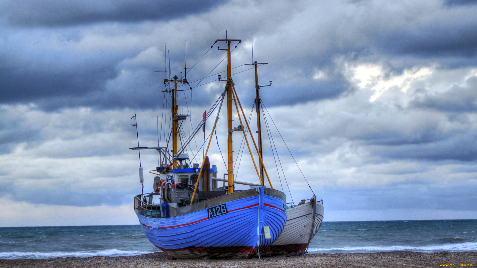 корабли, баркасы, , , буксиры, океан, пляж, галька, горизонт, баркас, рыболов