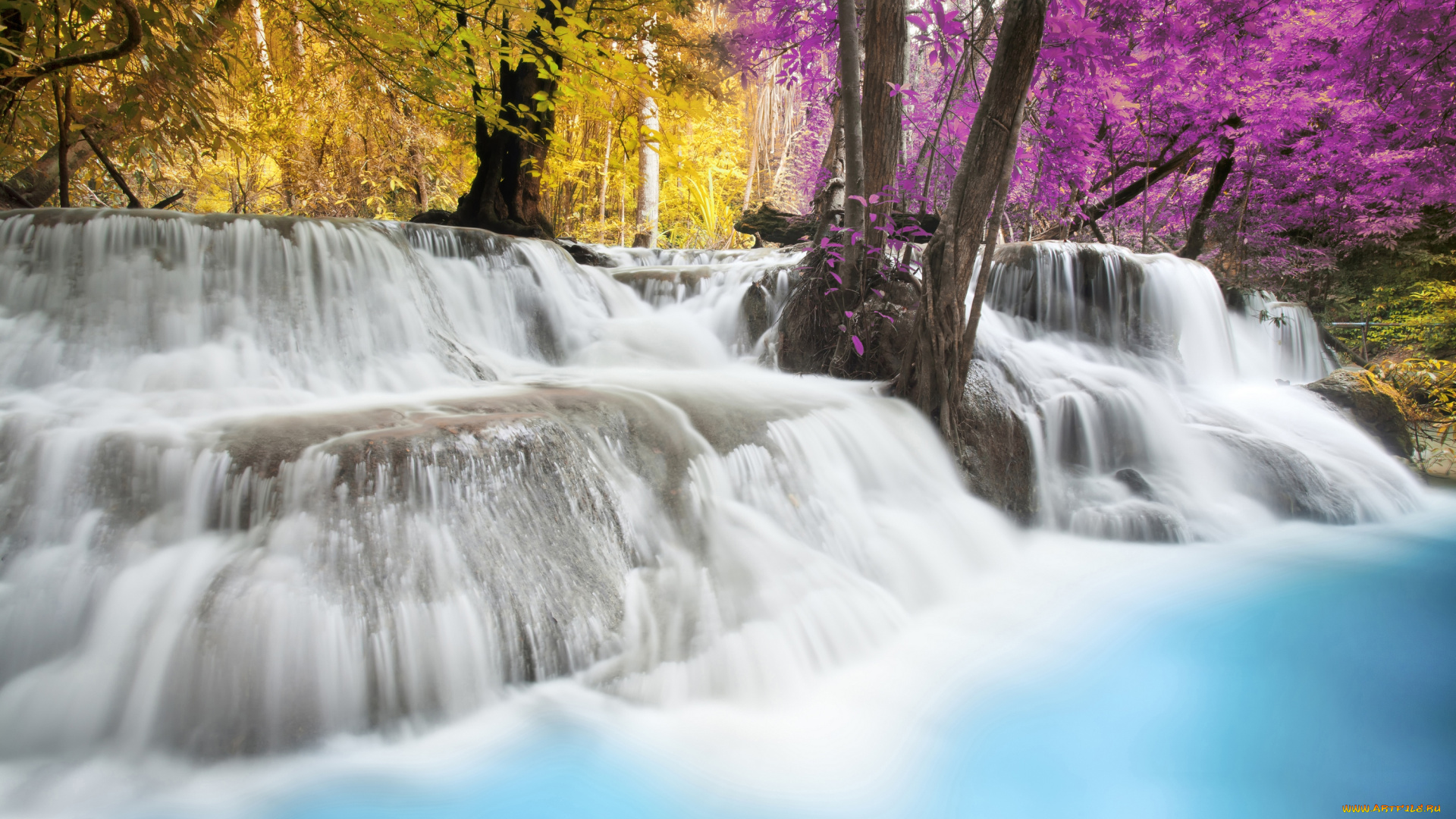 природа, водопады, деревья, голубой, водопад, осень