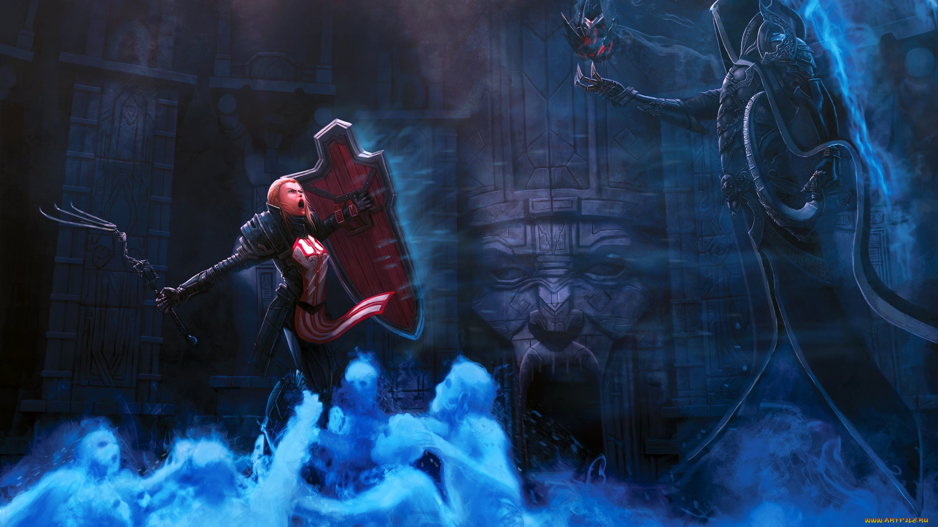 видео, игры, diablo, iii, , reaper, of, souls, дьявол, монстр, девушка, щит, души, статуя