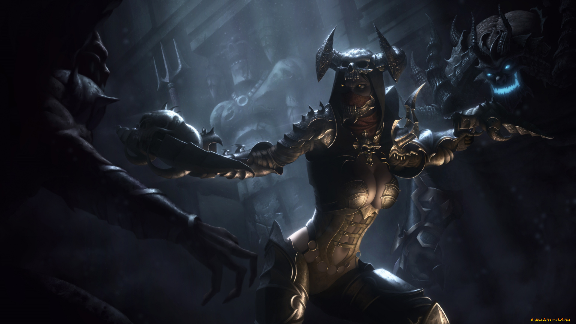 видео, игры, diablo, iii, , reaper, of, souls, фан, арт, девушка, воин, череп, рога, монстры, оружие, маска