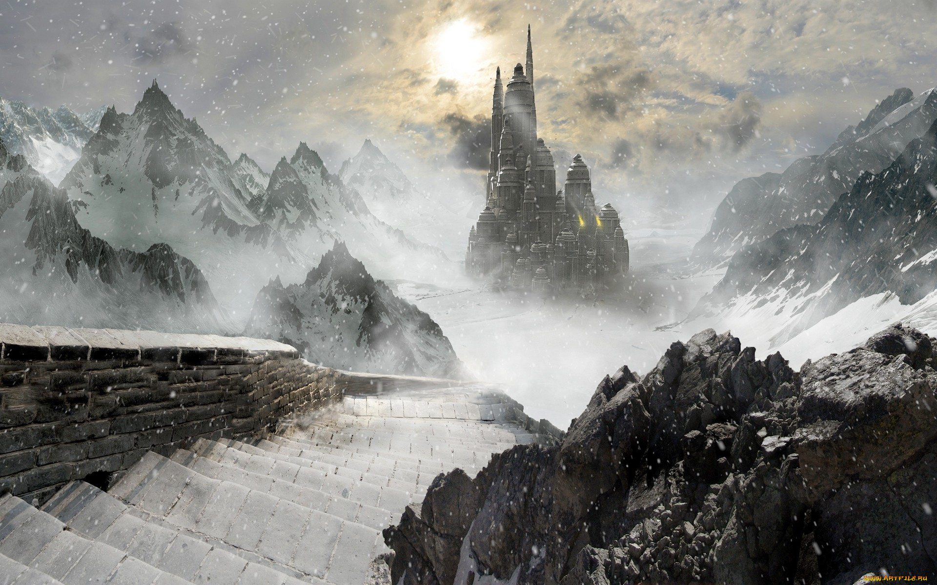 фэнтези, замки, арт, горы, зима, замок
