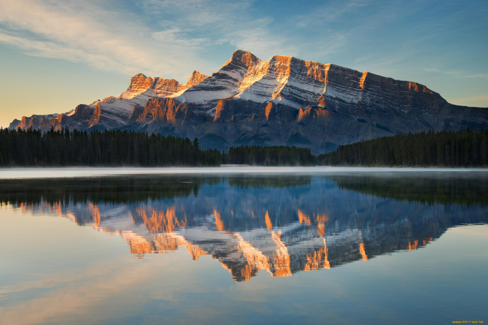 природа, реки, озера, banff, canada, lake, national, park, reflection, rundle, two, jack, гора, озеро, лес, отражение