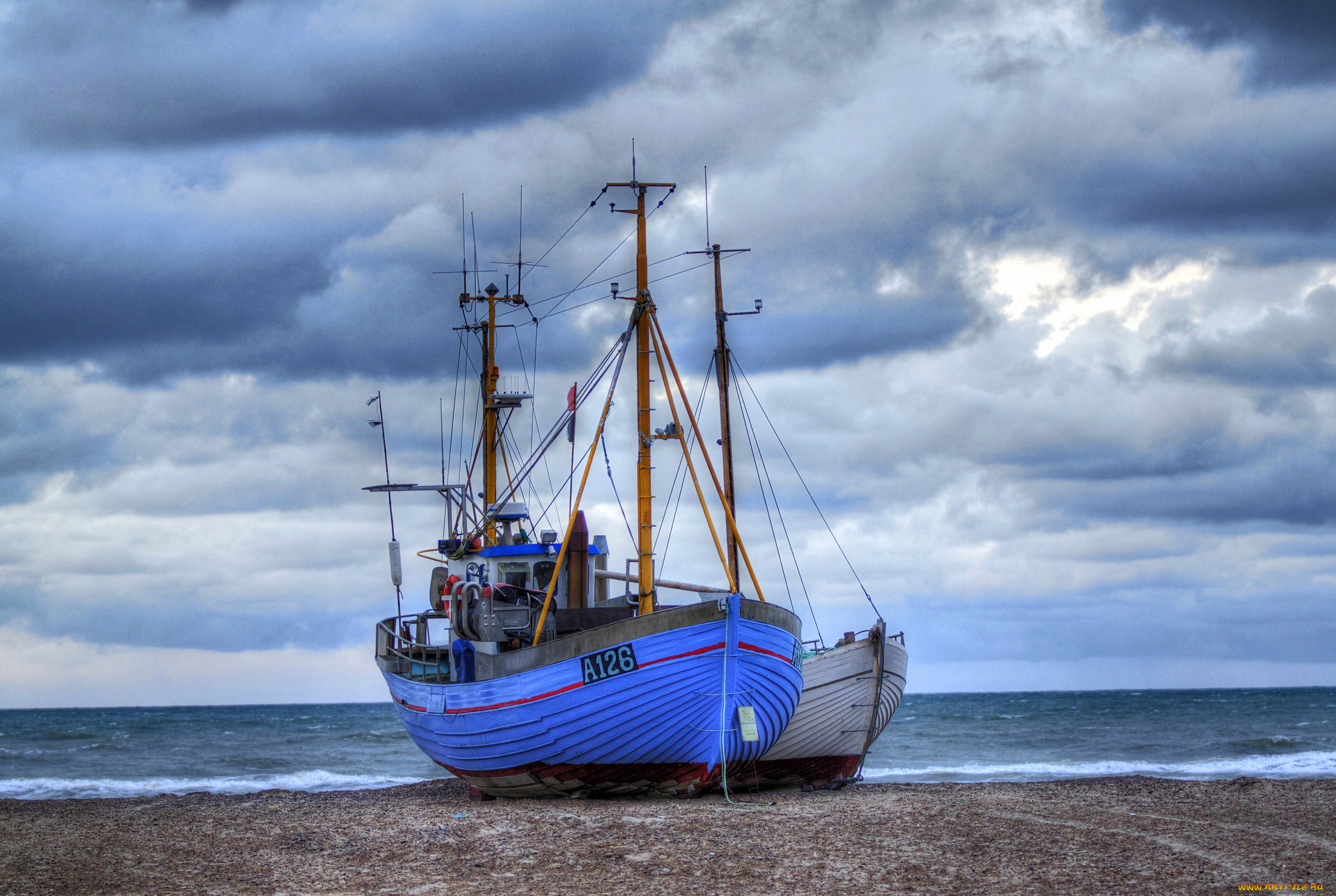 корабли, баркасы, , , буксиры, океан, пляж, галька, горизонт, баркас, рыболов