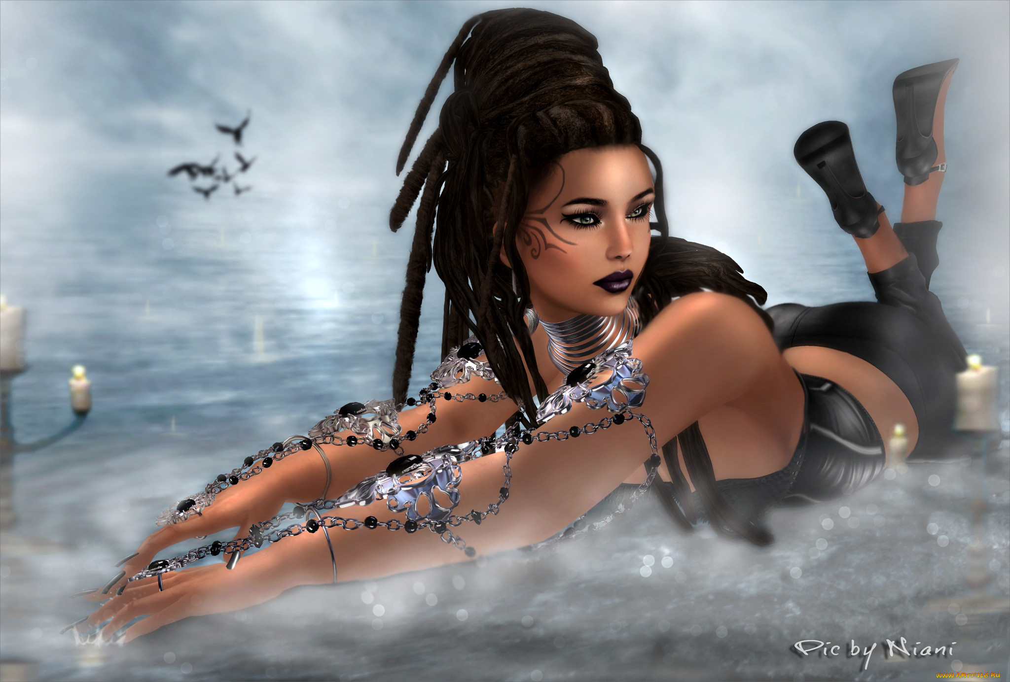 3д, графика, people, , люди, украшения, макияж, прическа, девушка, вода