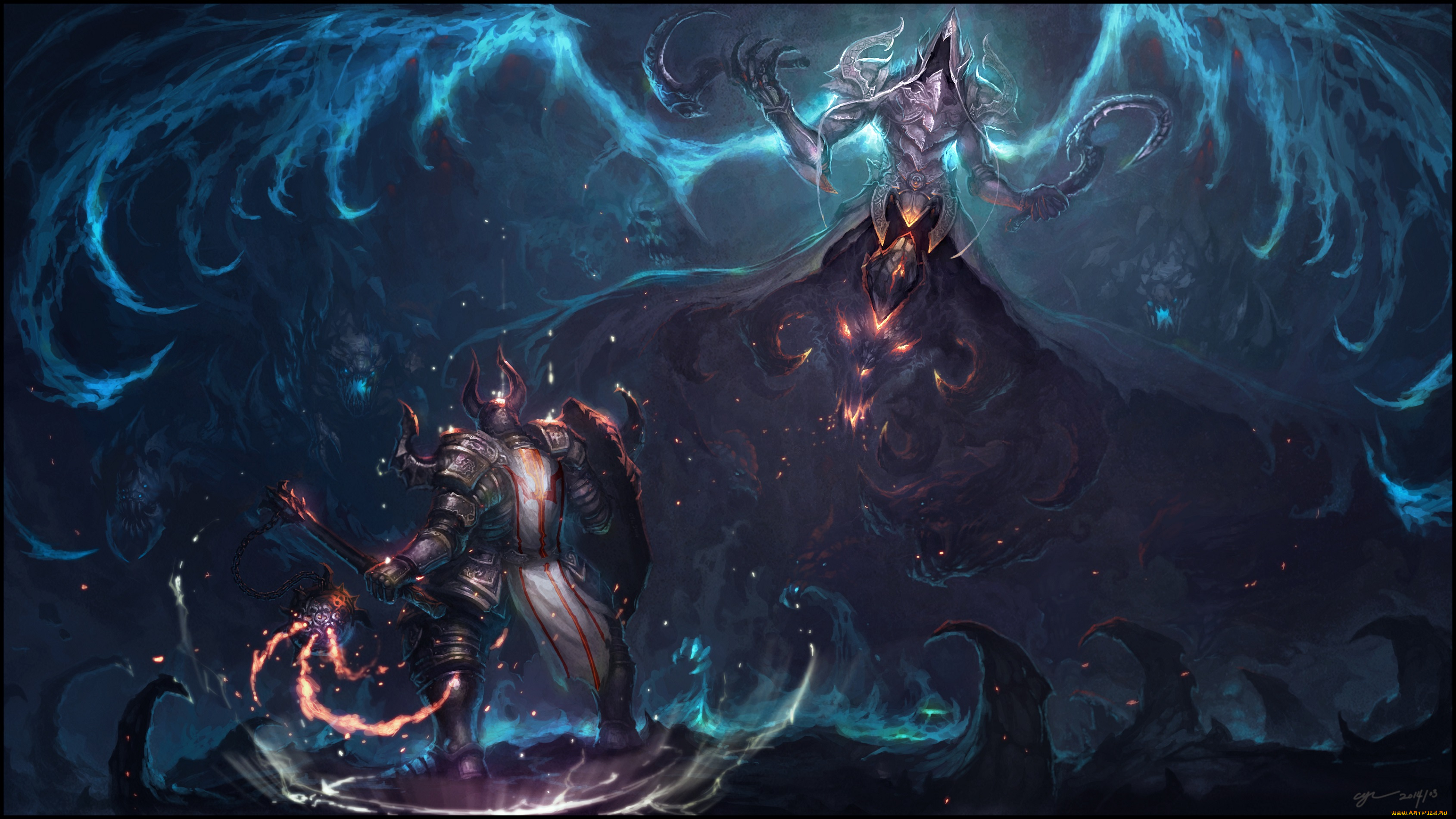 видео, игры, diablo, iii, , reaper, of, souls, дьявол, арт, серпы, крылья, воин, пламя, монстр, рога