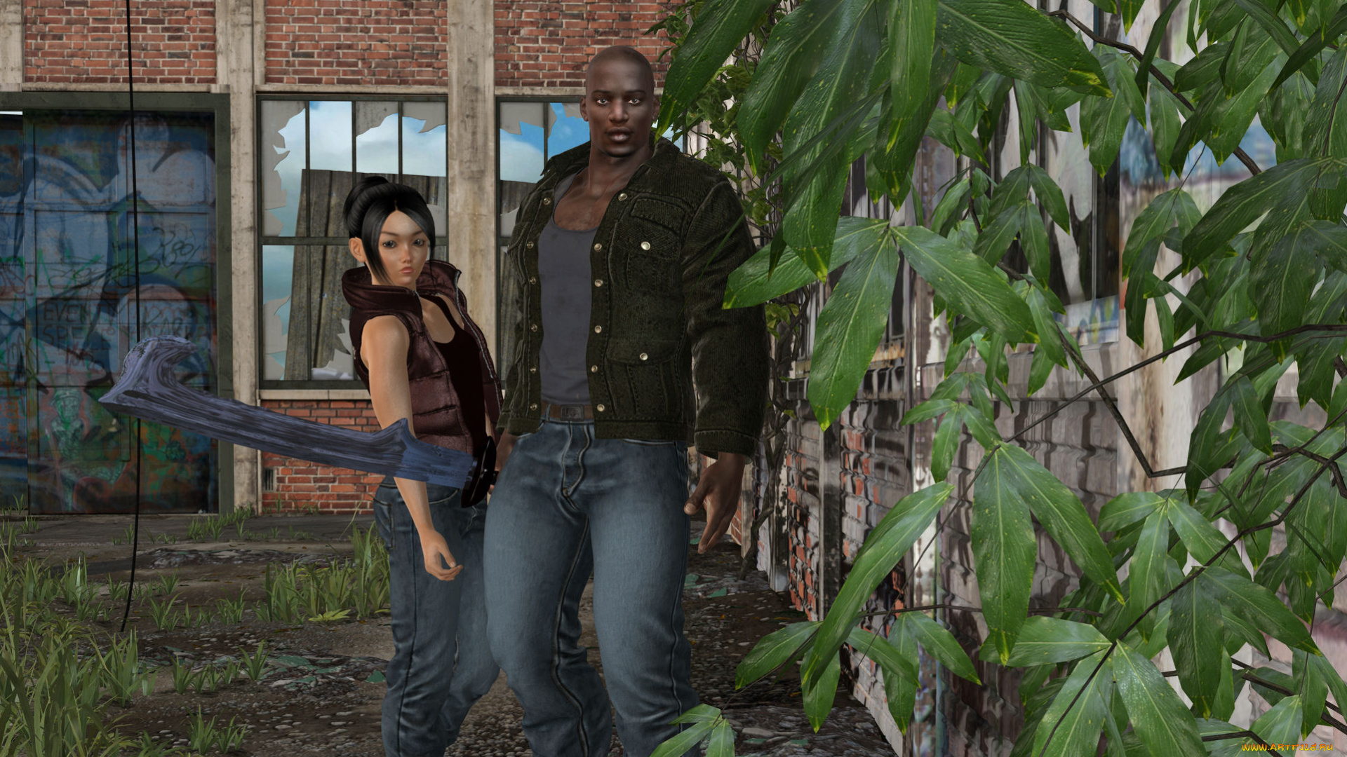 3д, графика, фантазия, , fantasy, девушка, оружие, мужчина, фон, взгляд