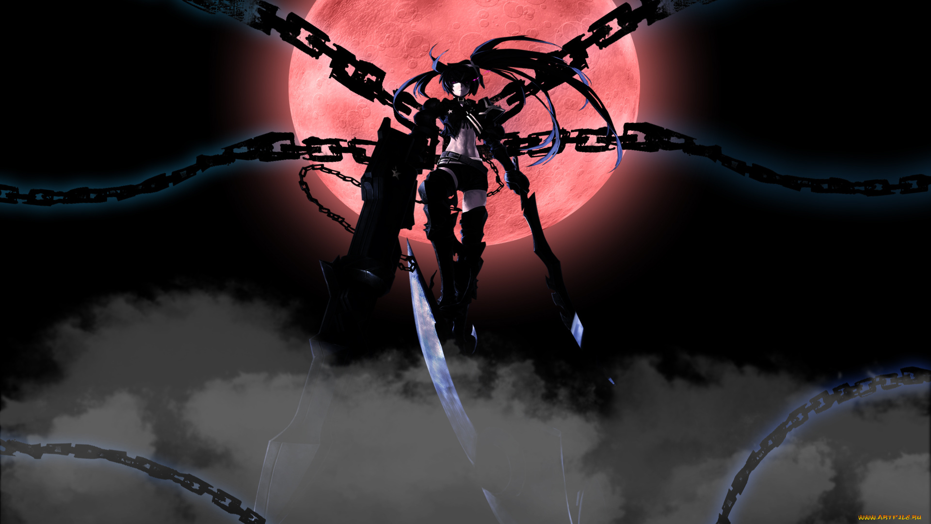 аниме, black, rock, shooter, insane, black, rock, shooter, красная, луна, цепи, девушка, kuroi, mato