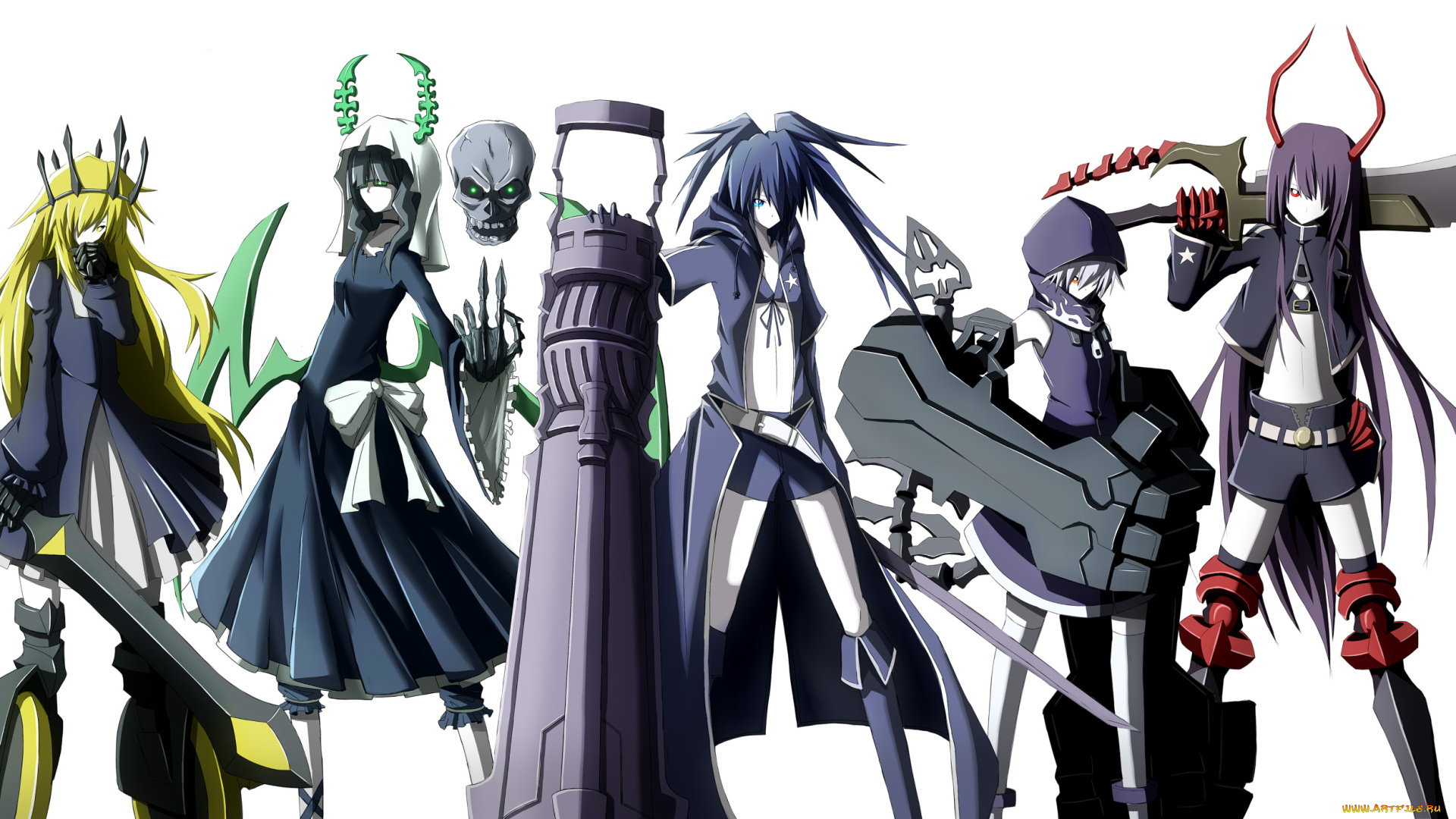аниме, black, rock, shooter, kuwachii, персонажи, takanashi, yomi, kuroi, mato, koutari, yuu, izuriha, kagari, irino, saya, девушки, chariot, black, rock, shooter